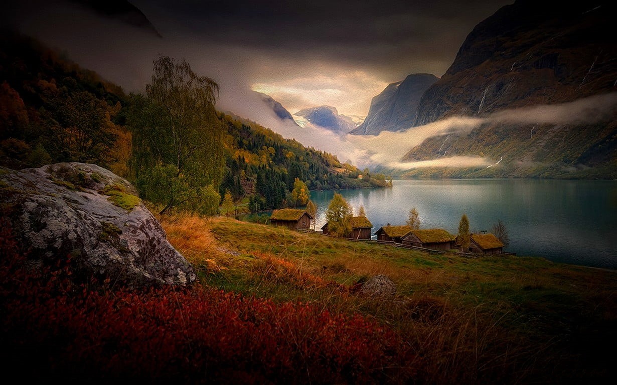 stone, tree, tranquil scene, lake, clouds, trees, environment, grass, no people, gray, water, cabin, mountains, cloud - sky, mountain range, nature, landscape, HD Wallpaper