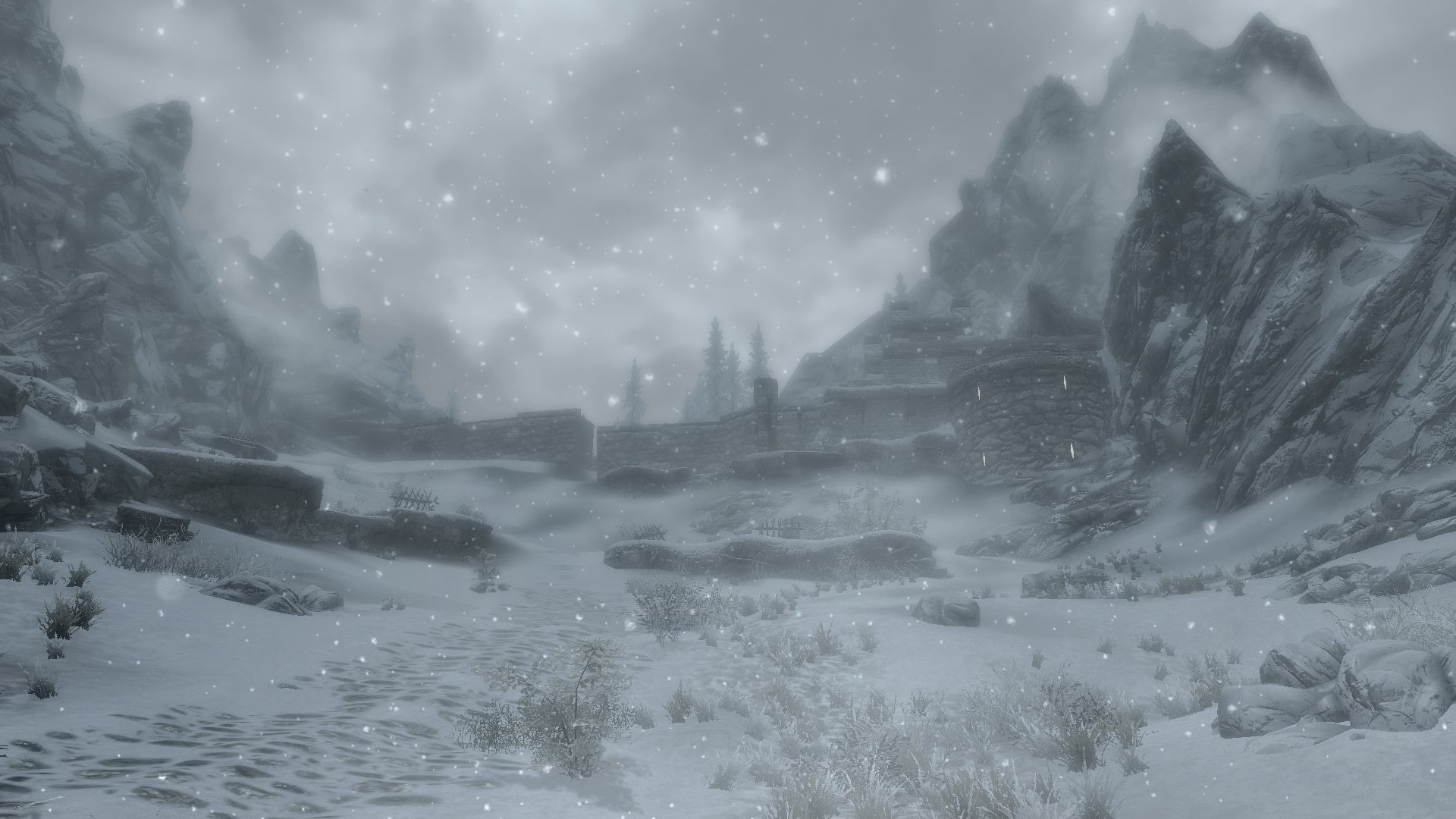 tree, beauty in nature, nature, blizzard, tranquil scene, outdoors, 1080P, fog, day, cold temperature, mountains, winter, environment, covering, The Elder Scrolls V: Skyrim, HD Wallpaper