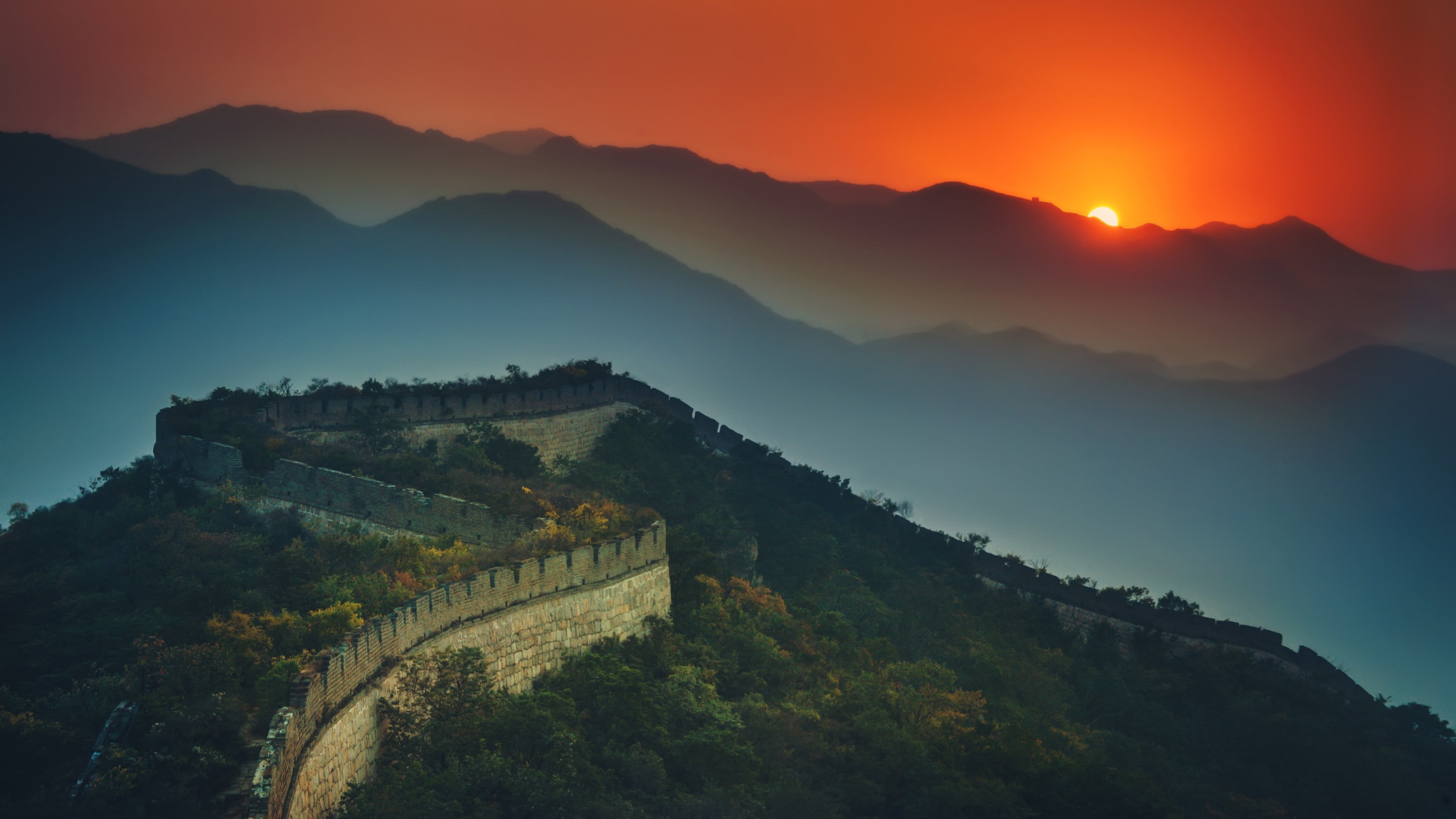 outdoors, evening, environment, historical, mountain peak, architecture, sky, no people, 4K, sunset, wall, great wall, history, ancient, scenics - nature, HD Wallpaper
