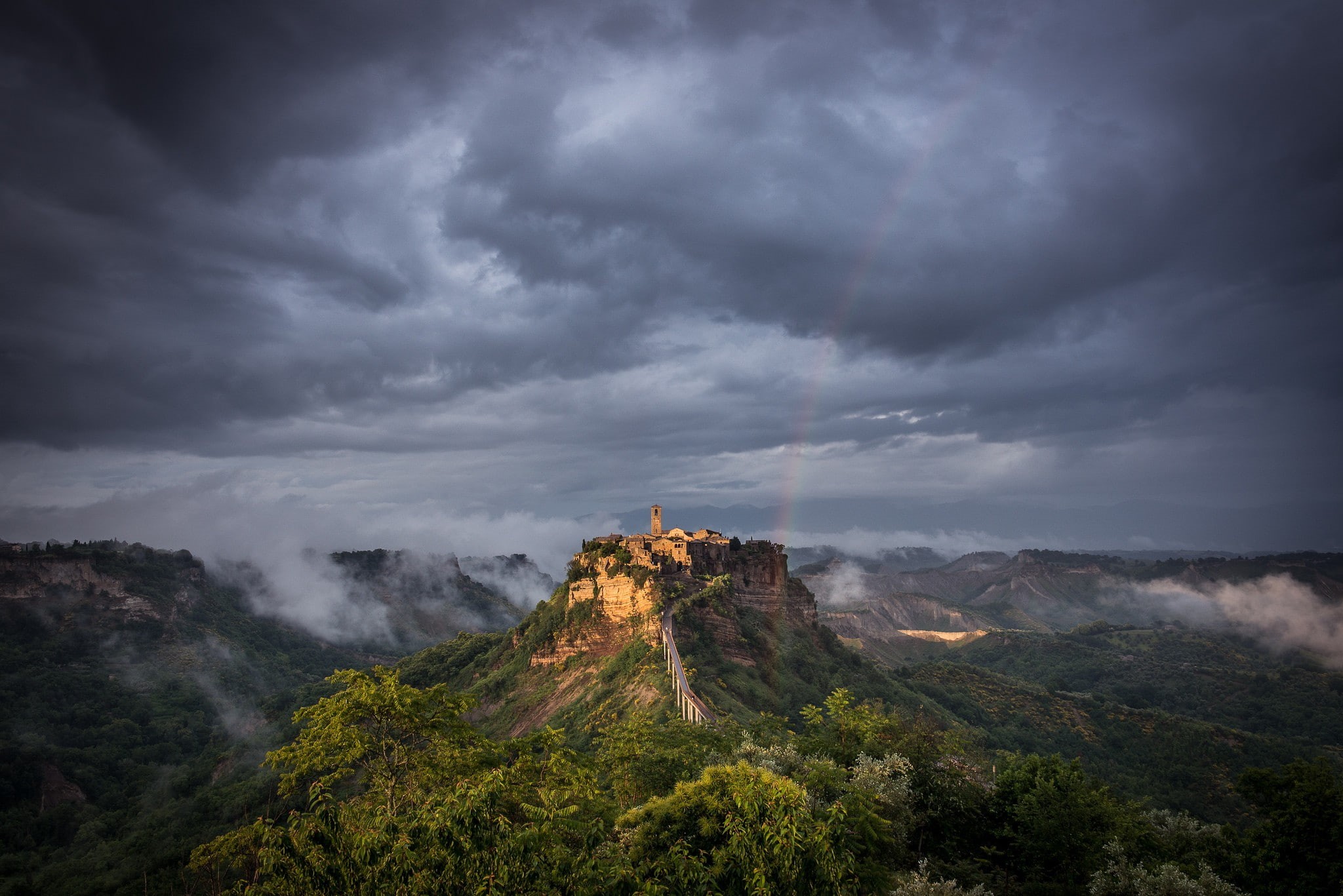 viterbo (italy), trees, Civita di Bagnoregio, 1080P, sky, sunlight, clouds, storm, clifftop, landscape, Italy, HD Wallpaper