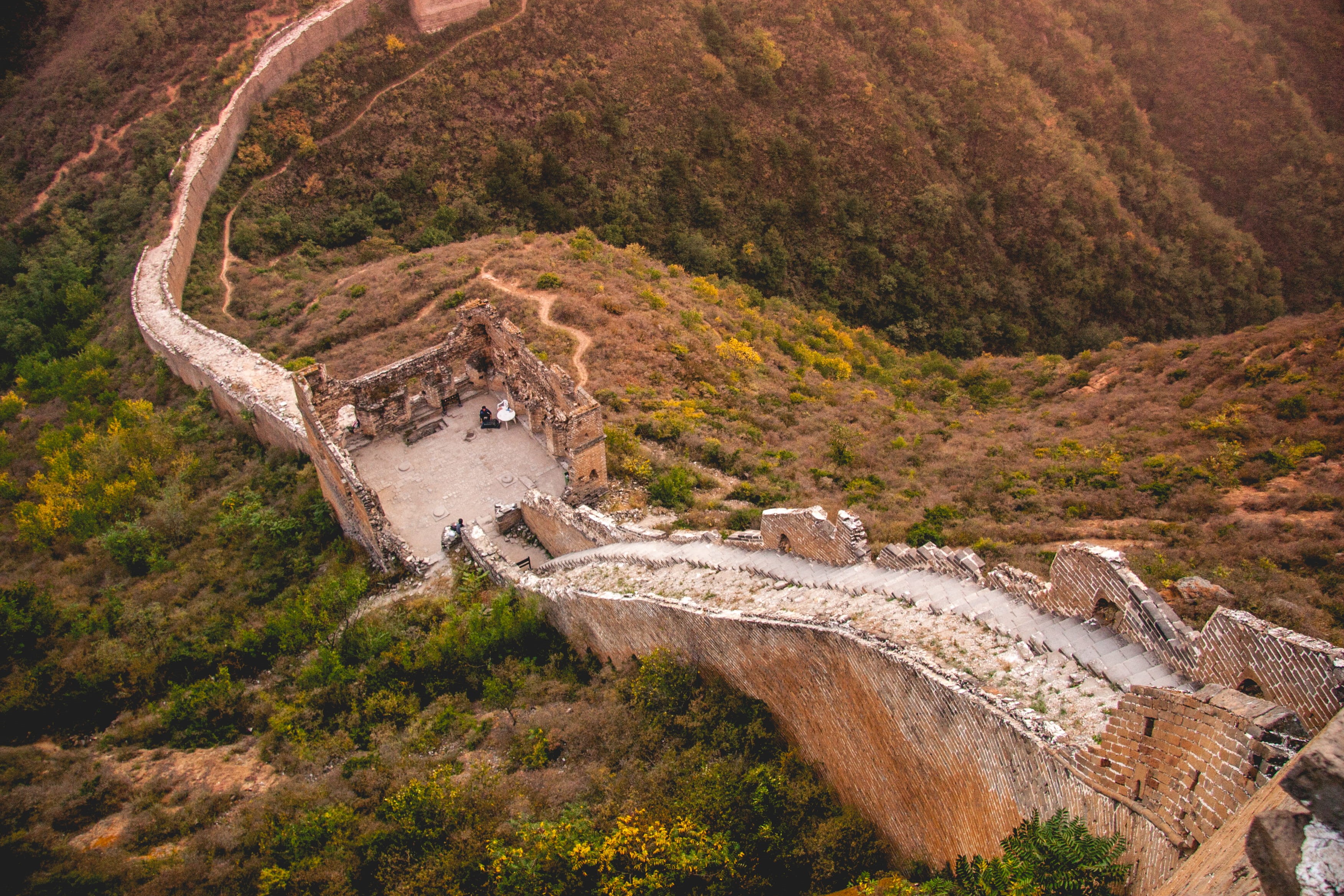 bird, road, wall, plateau, flowing water, countryside, outdoors, tranquility, tranquil scene, photography, jinshanling great wall, aerial view, promontory, HD Wallpaper