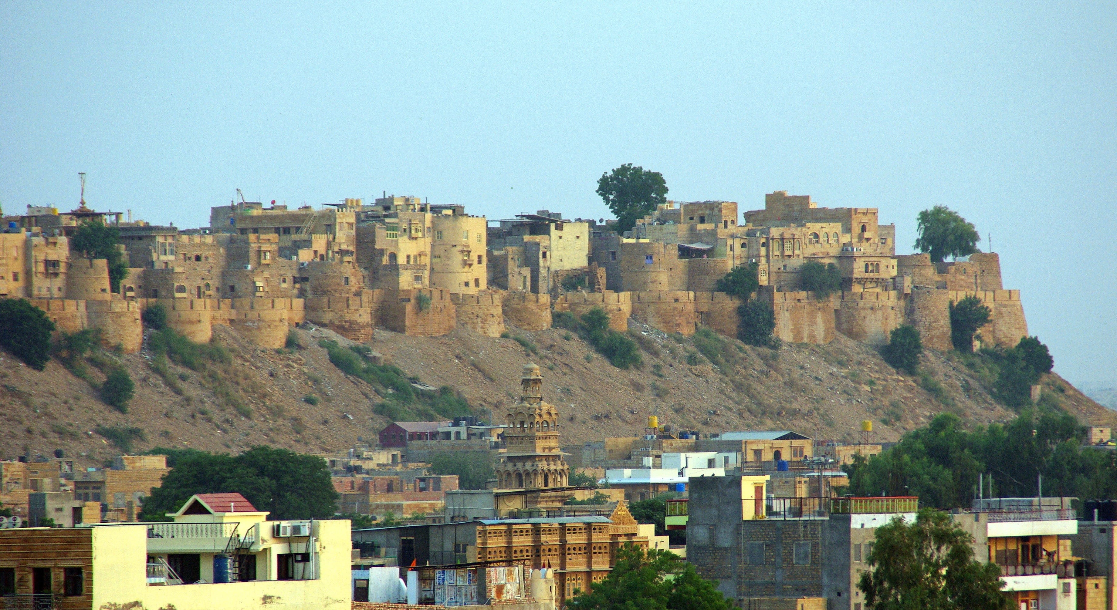 building, residential district, house, travel destinations, fortifications, plant, outdoors, walls, tree, no people, sky, 2K, jaisalmer, built structure, HD Wallpaper