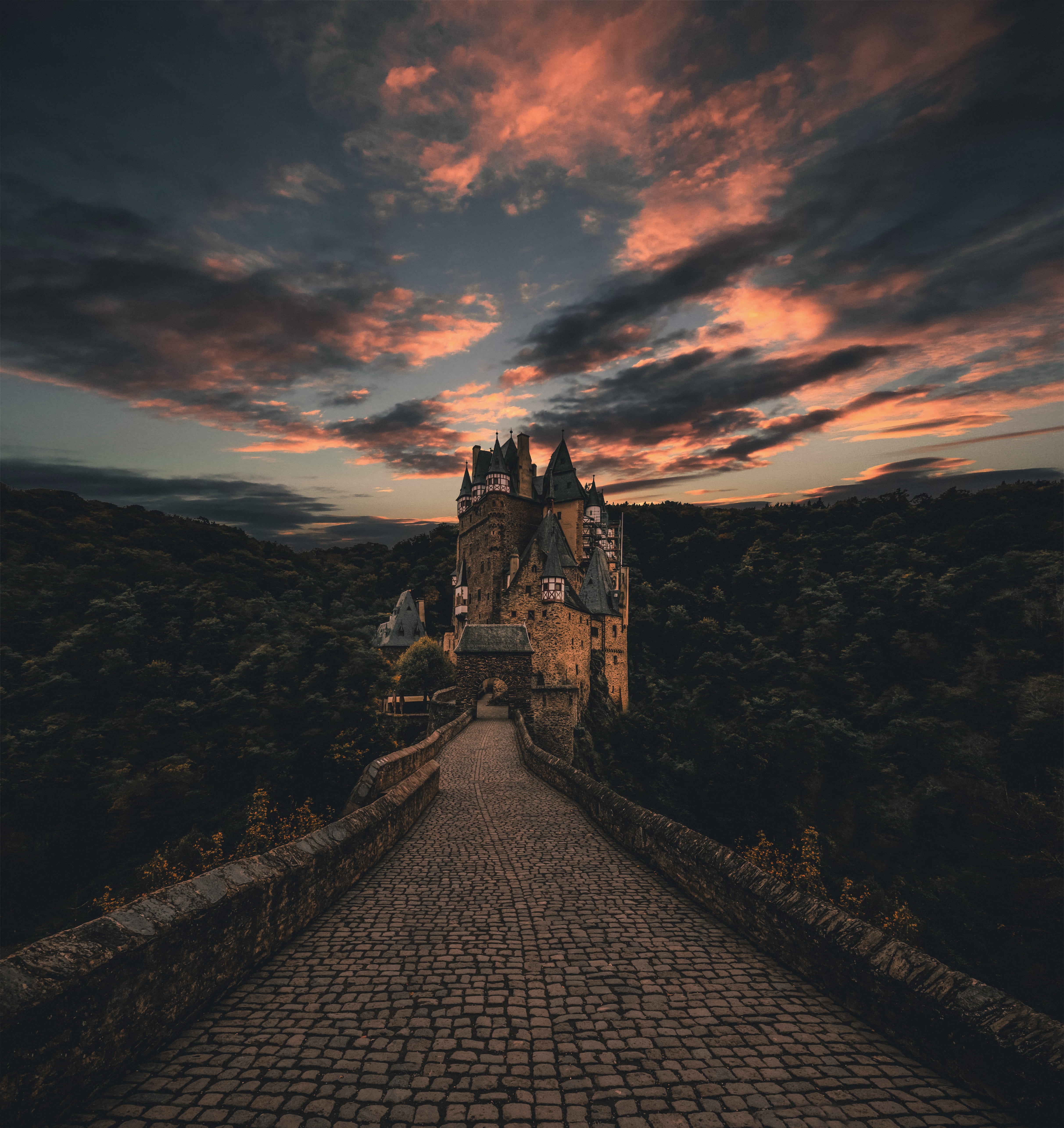 sunset, sky, trees, magical, 5K, architecture, burg, the way forward, the past, no people, place of worship, direction, built structure, eltz, history, Phone HD Wallpaper