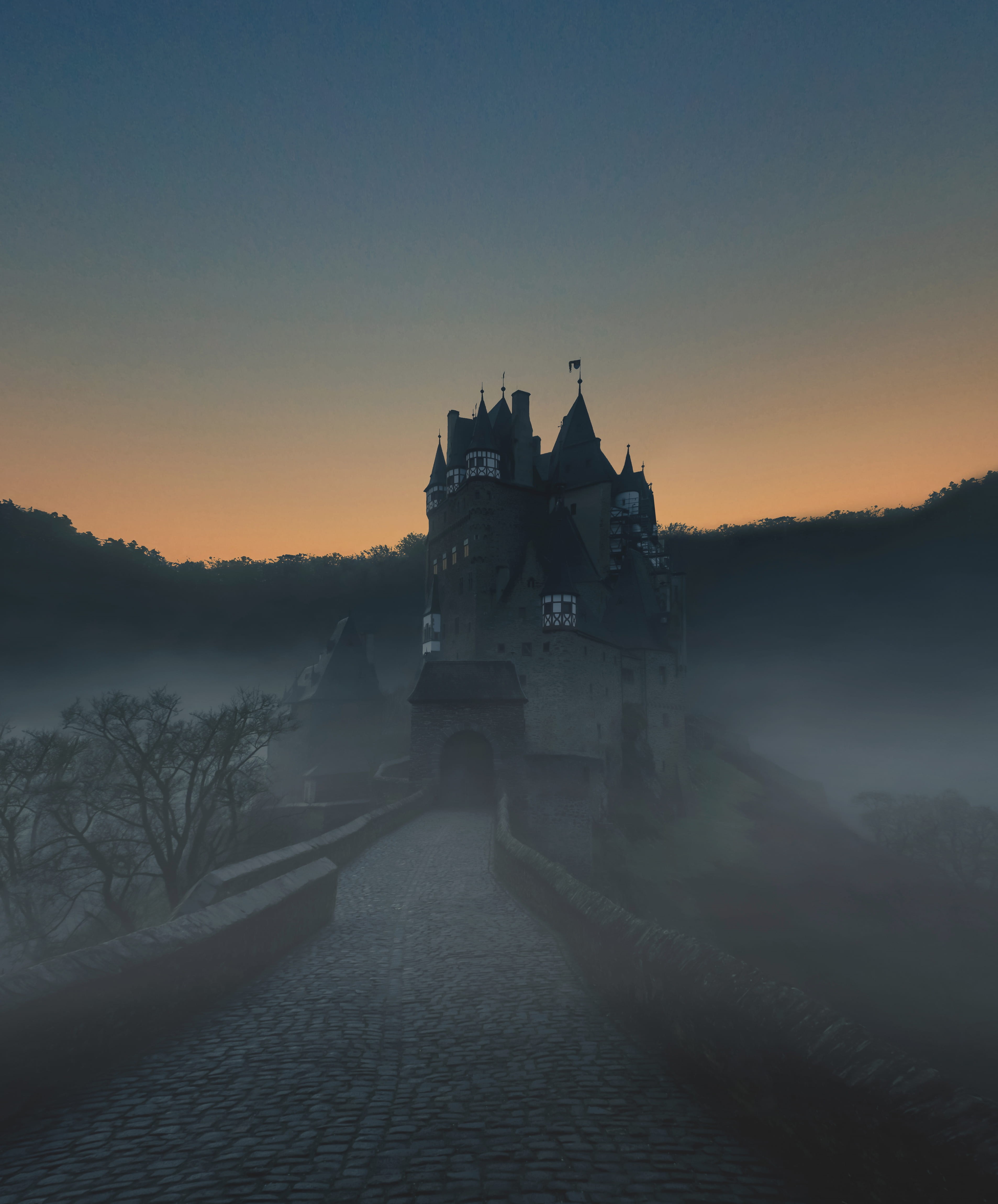 sky, orange color, copy space, lake, belief, bridge, nature, clear sky, no people, history, sunset, fog, eltz, building, the past, surrounded, built structure, Phone HD Wallpaper