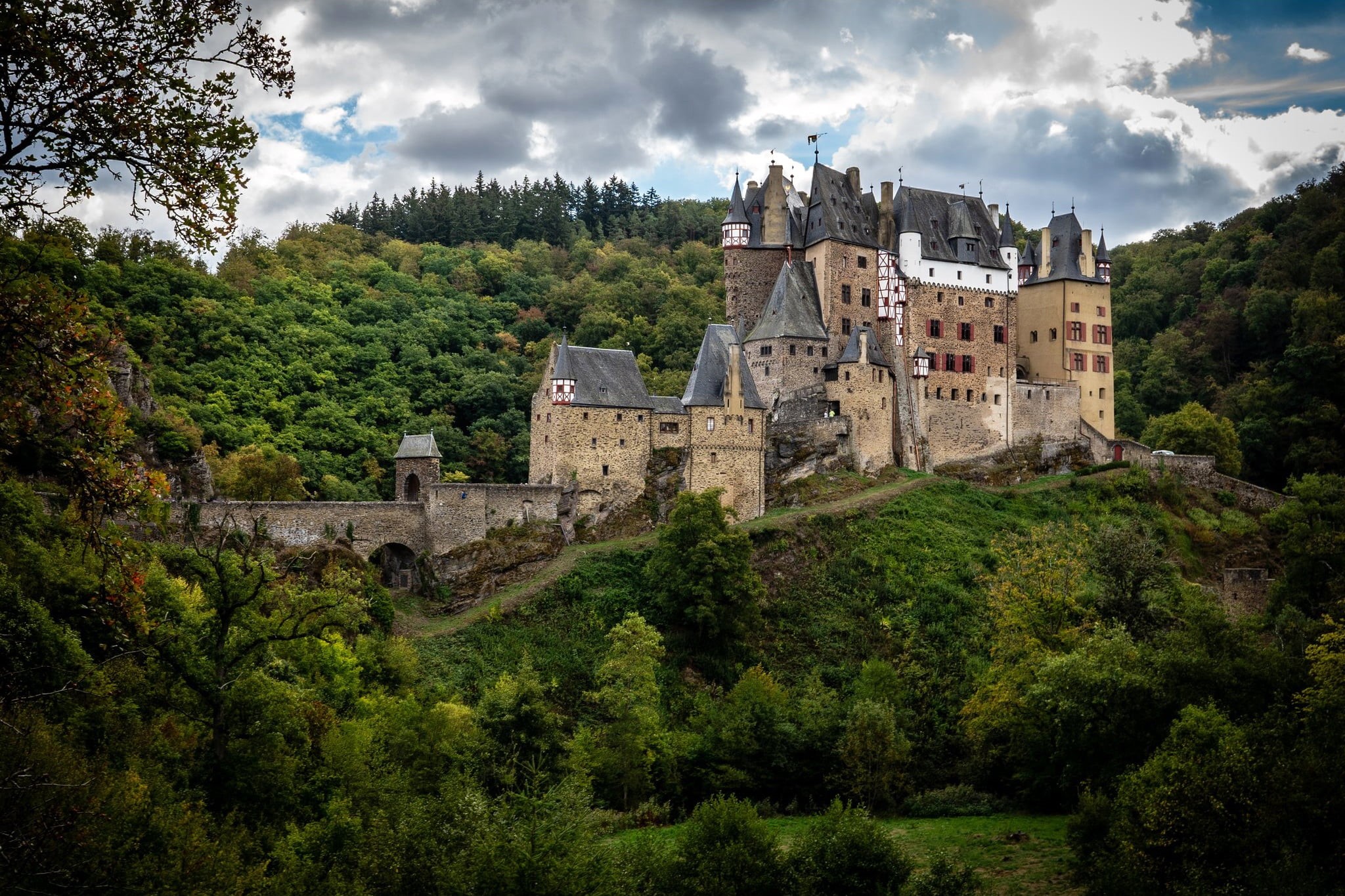 forest, trees, 1080P, castle, nature, Burg Eltz, mountains, the sky, Germany, clouds, HD Wallpaper