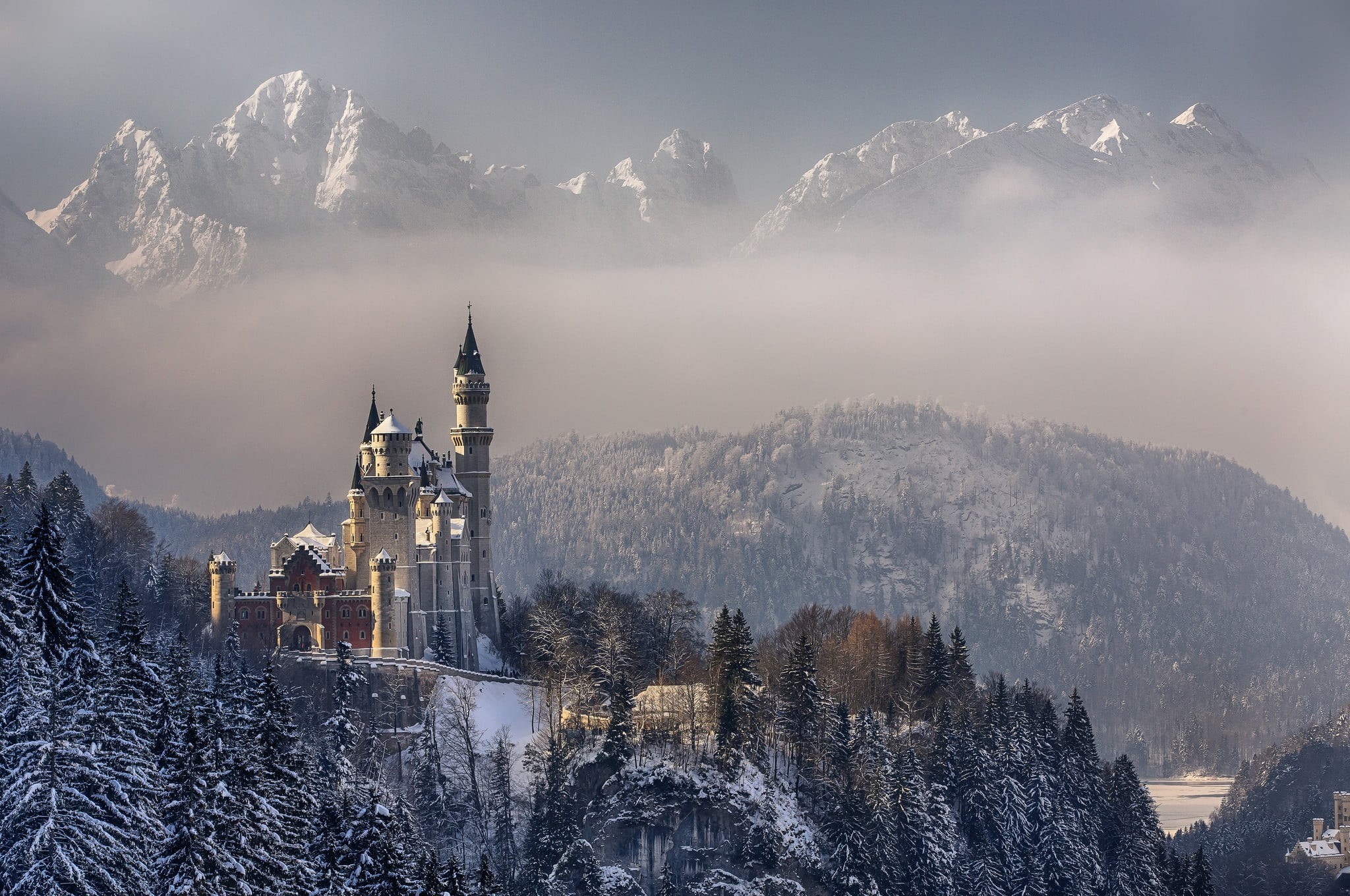 place of worship, scenics - nature, tower, tree, 1080P, building, Germany, architecture, cold temperature, built structure, mountains, travel destinations, HD Wallpaper
