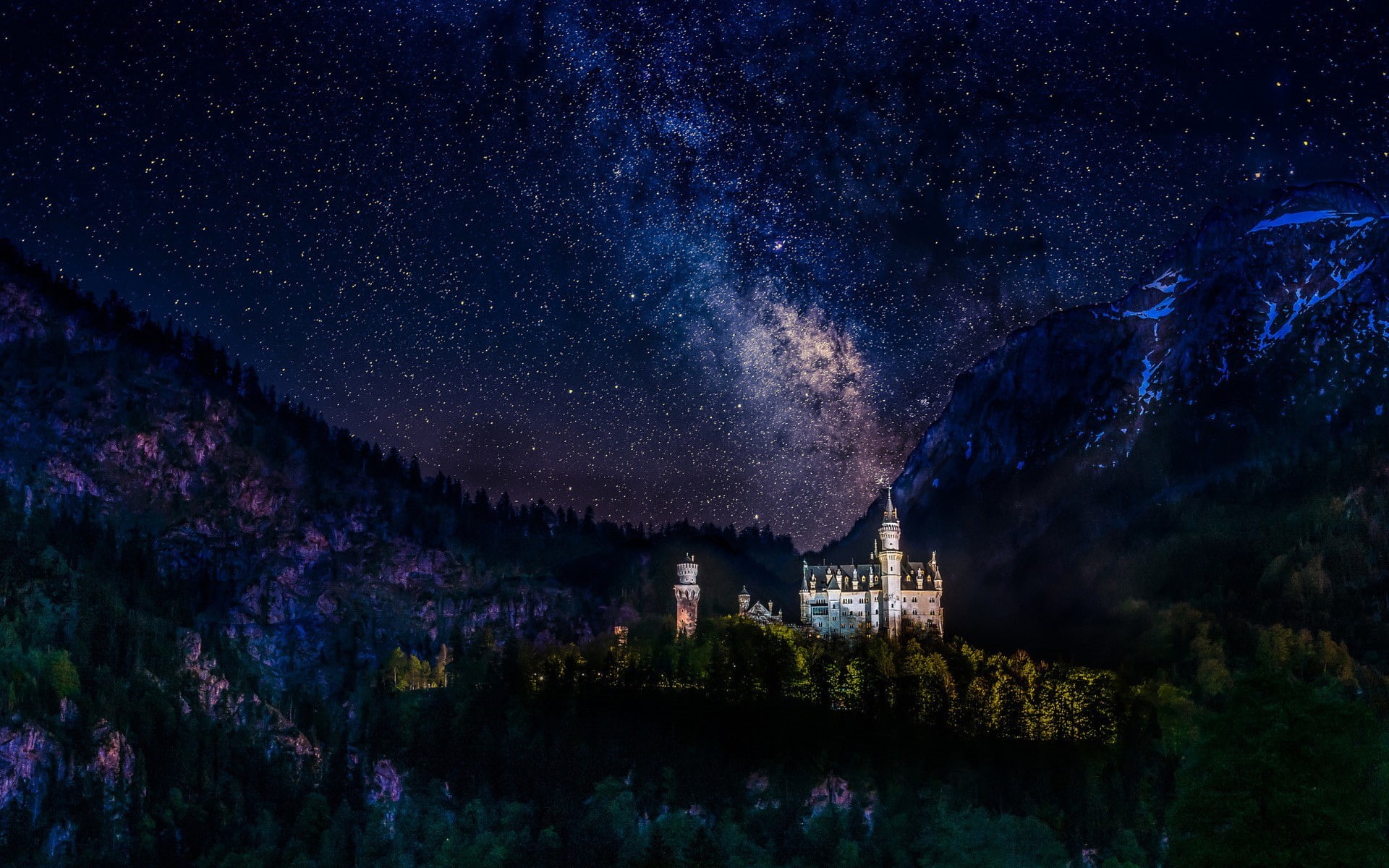 long exposure, hills, nature, stars, architecture, 1080P, snowy peak, mountains, Germany, castle, Milky Way, lights, landscape, trees, night, forest, Neuschwanstein, HD Wallpaper