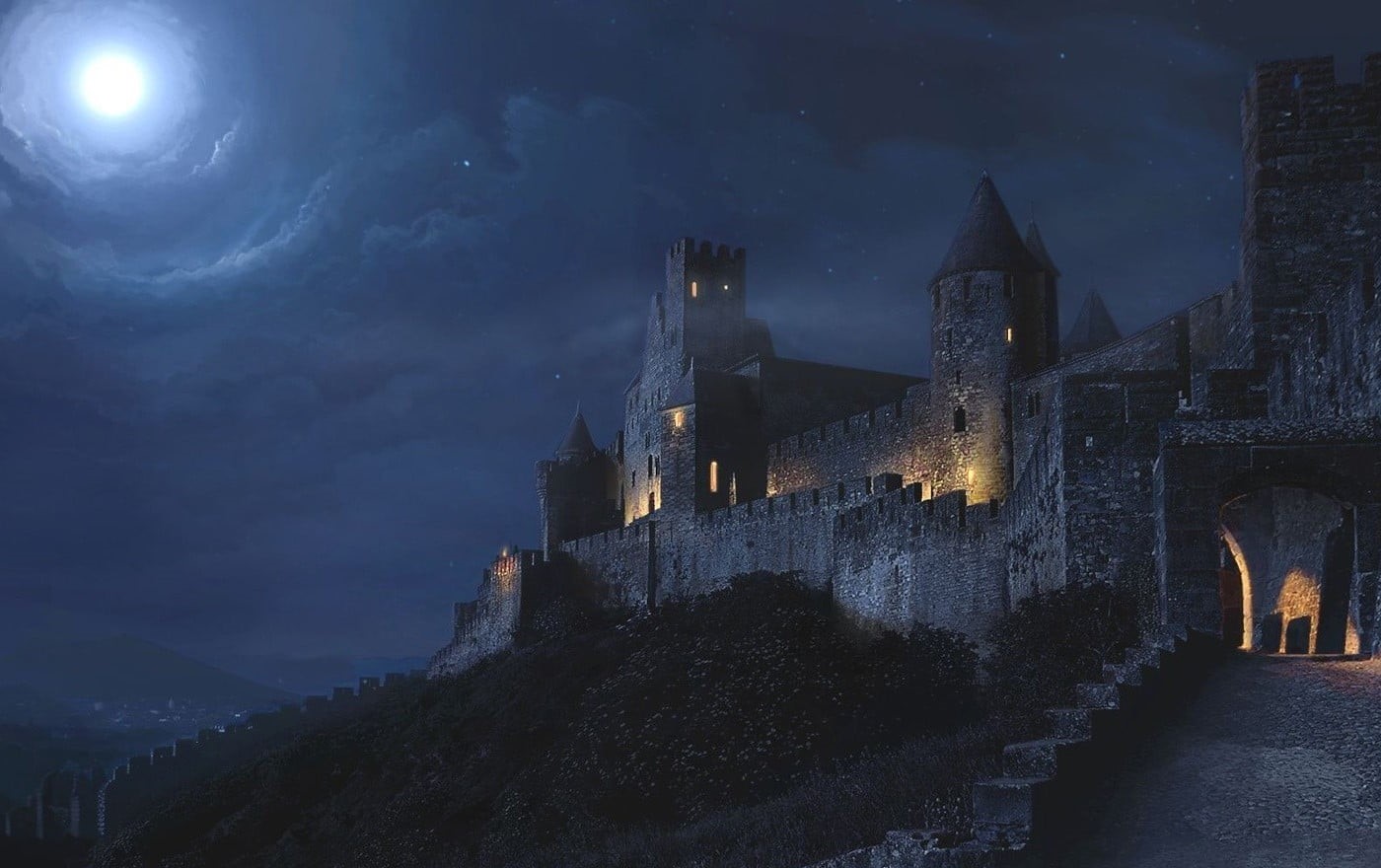 sky, castle, nature, 720P, dusk, illustration, spirituality, the past, cloud - sky, no people, tower, history, moonlight, architecture, night, religion, HD Wallpaper