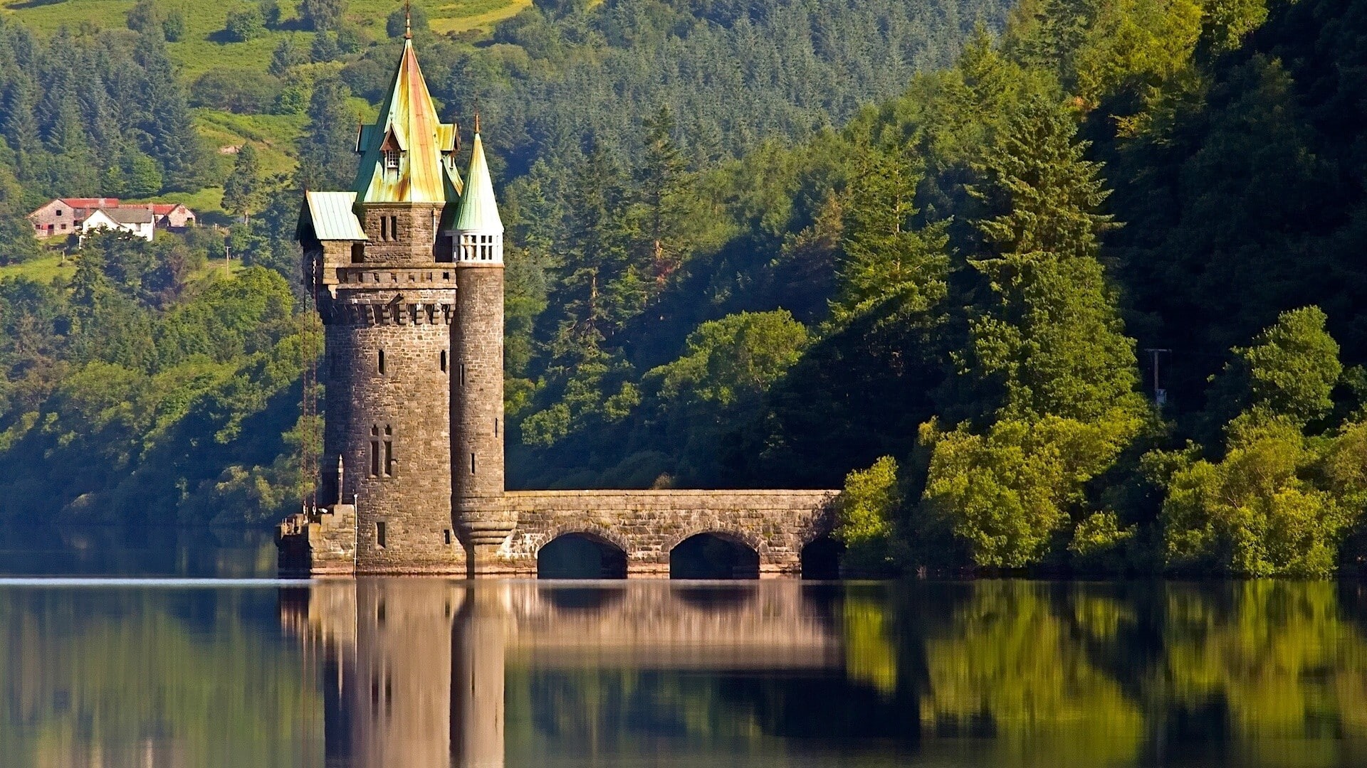 clouds, Wales, architecture, bridge, reflection, Vyrnwy Tower, lake, trees, landscape, 1080P, water, ancient, sky, forest, nature, hills, castle, UK, house, HD Wallpaper