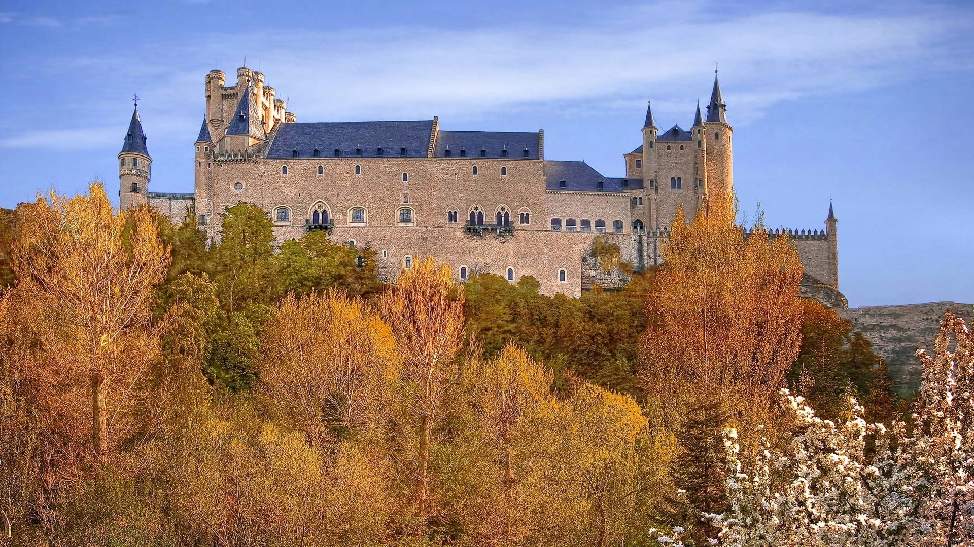 nature, ancient, trees, 1080P, Segovia, building, forest, castle, clouds, fall, landscape, Spain, tower, HD Wallpaper