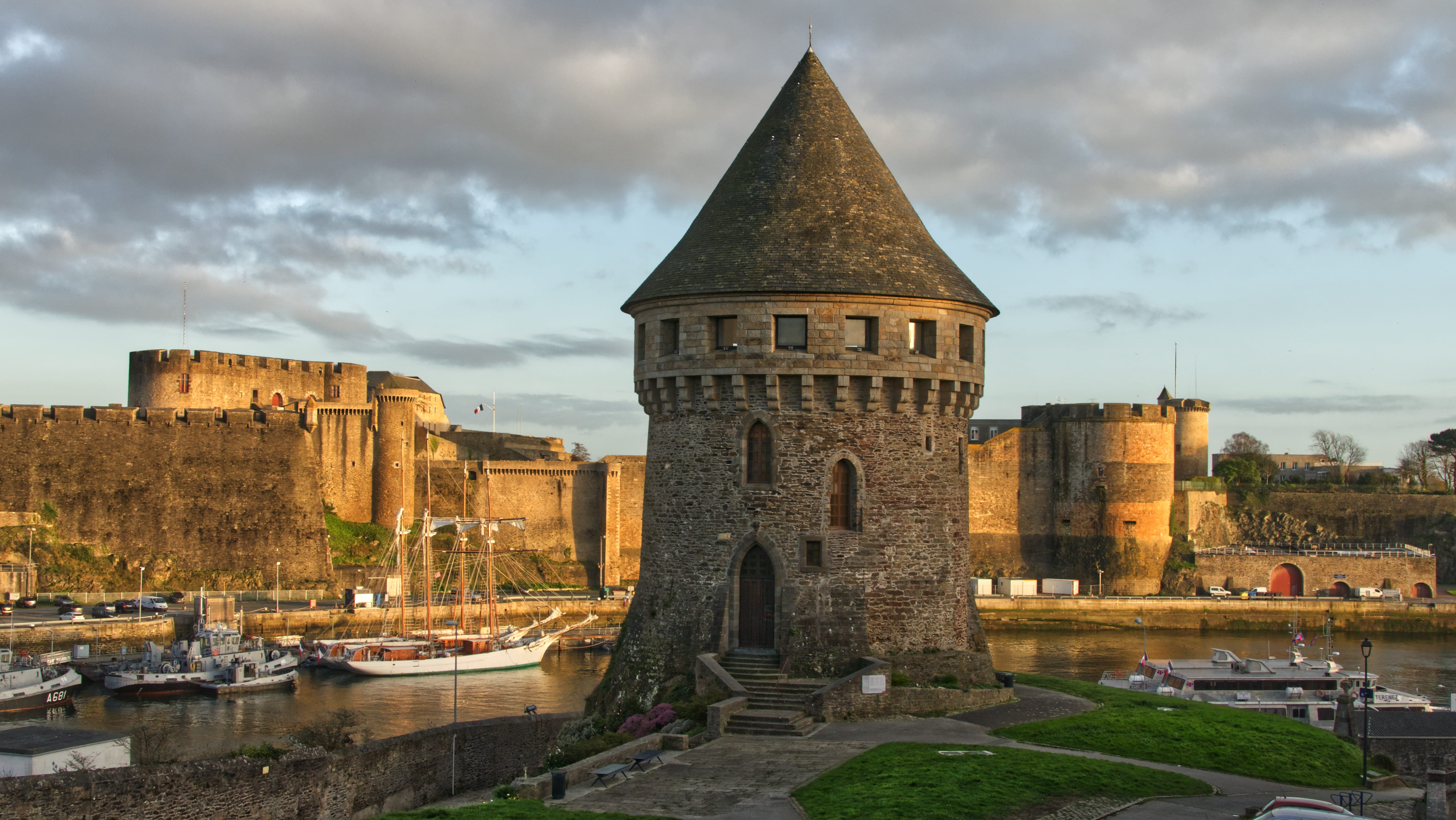 cloud - sky, water, tower, moat, travel destinations, 5K, building exterior, the past, monastery, architecture, walkway, fort, travel, nautical vessel, HD Wallpaper