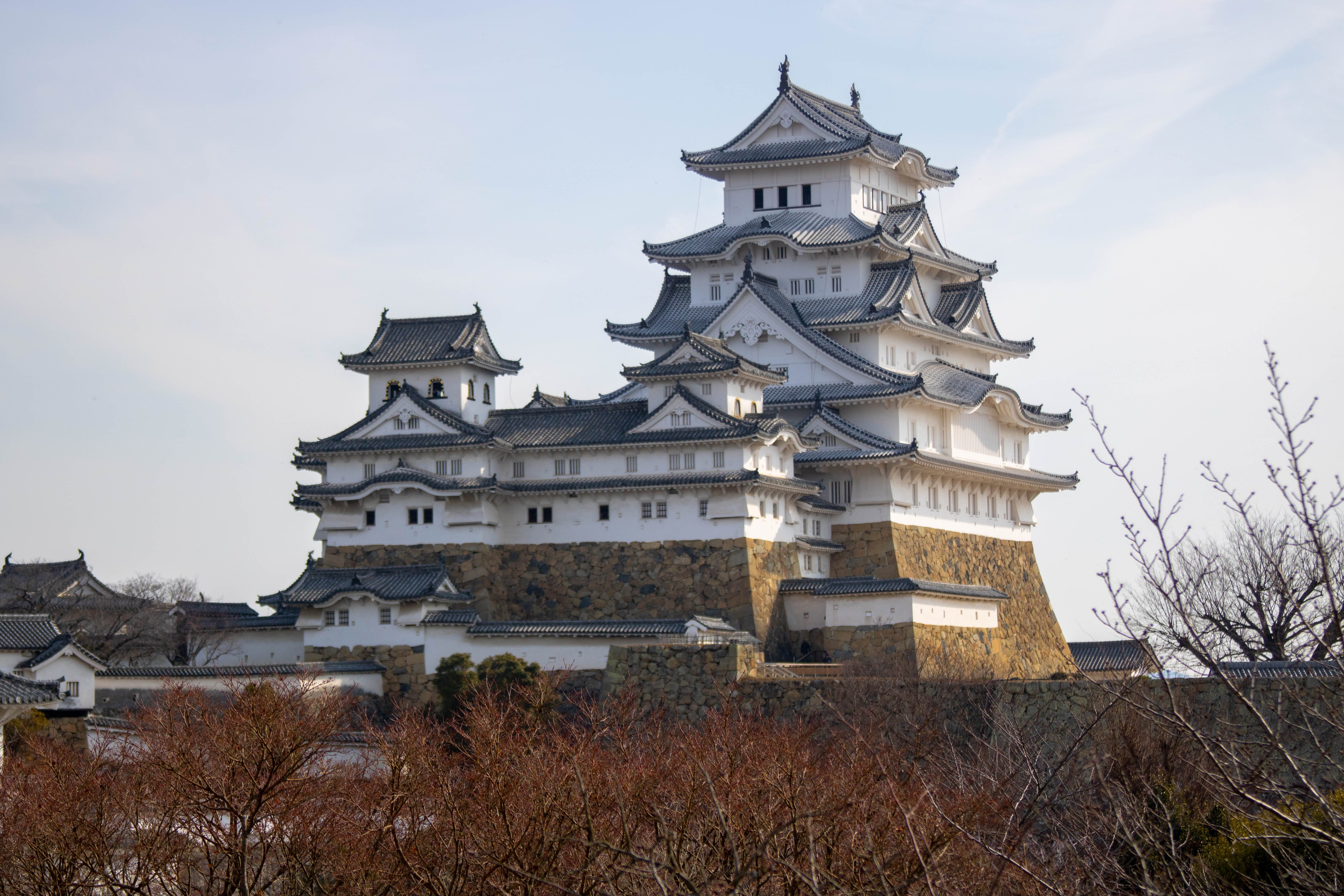 japanese castle, belief, moat, history, view, nature, bare tree, built structure, spirituality, architecture, himeji, building, spire, pagoda, animal, worship, HD Wallpaper