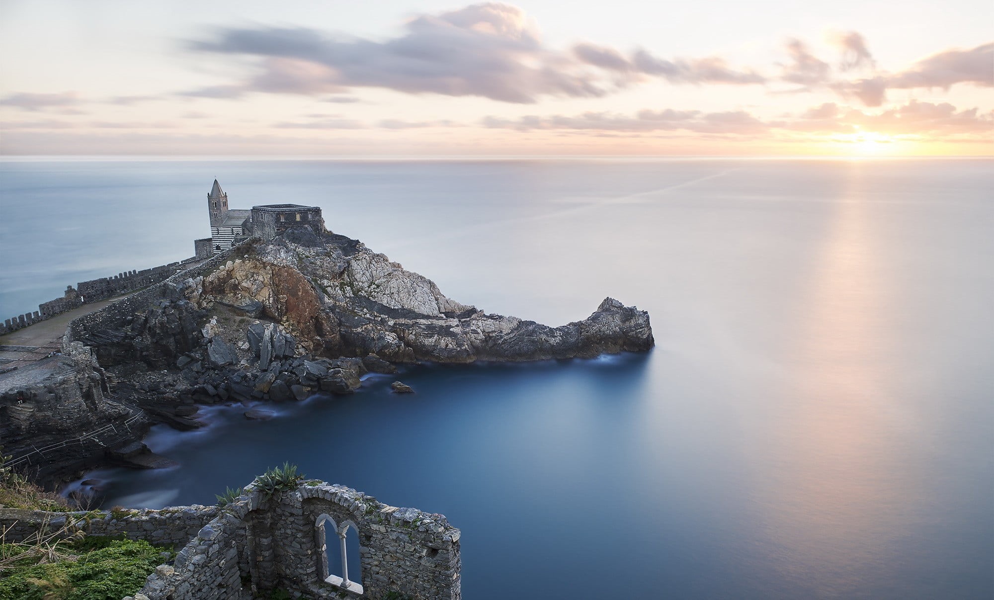 sunset, no people, cliff, castle, gray, scenics - nature, coast, horizon, ruin, sunlight, tranquility, reflection, building, tranquil scene, idyllic, rock, HD Wallpaper