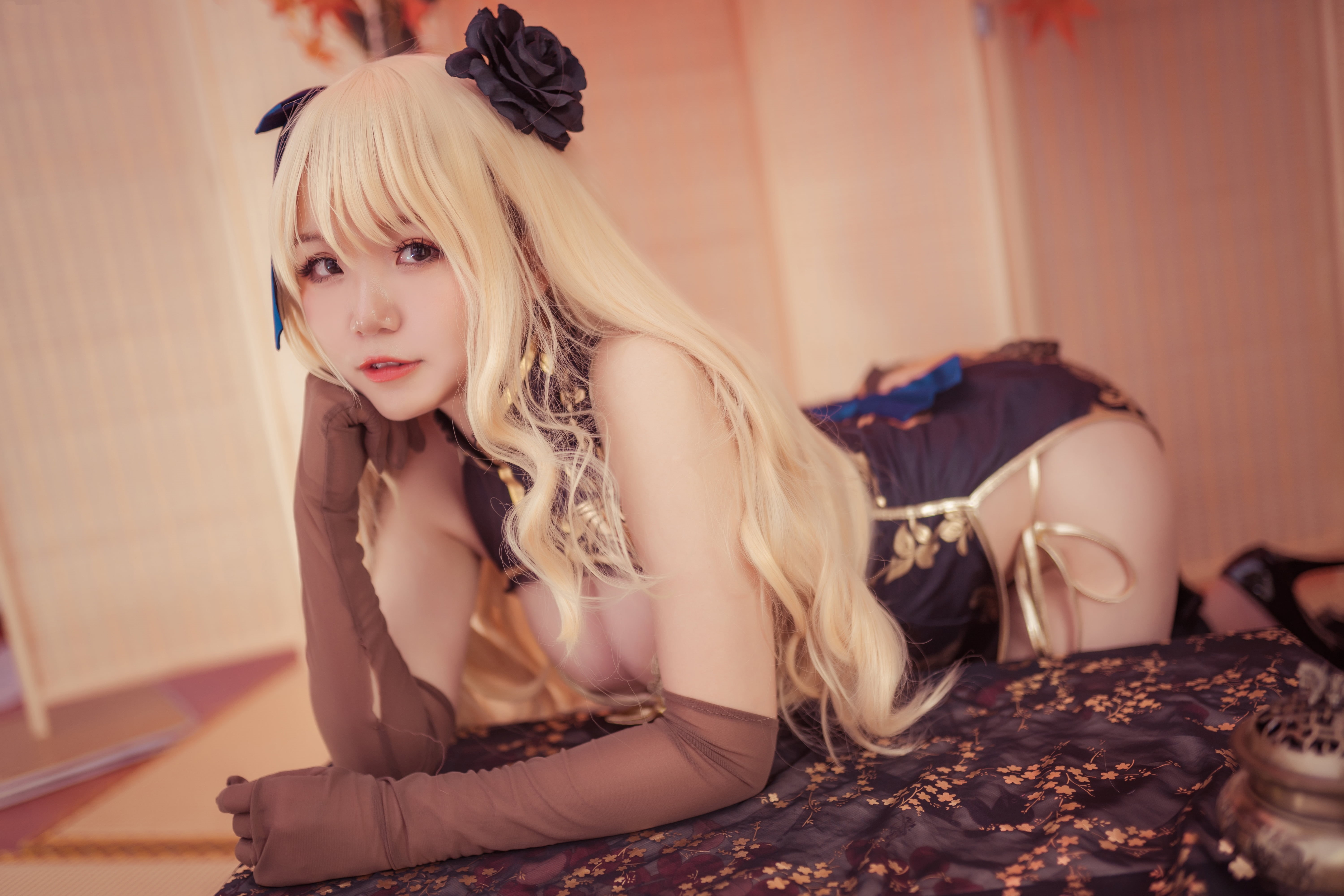 blonde, Asian, 5K, model, hair accessories, elbow gloves, bangs, Cheongsam, cosplay, bent over, women indoors, indoors, women, flower in hair, cleavage, HD Wallpaper