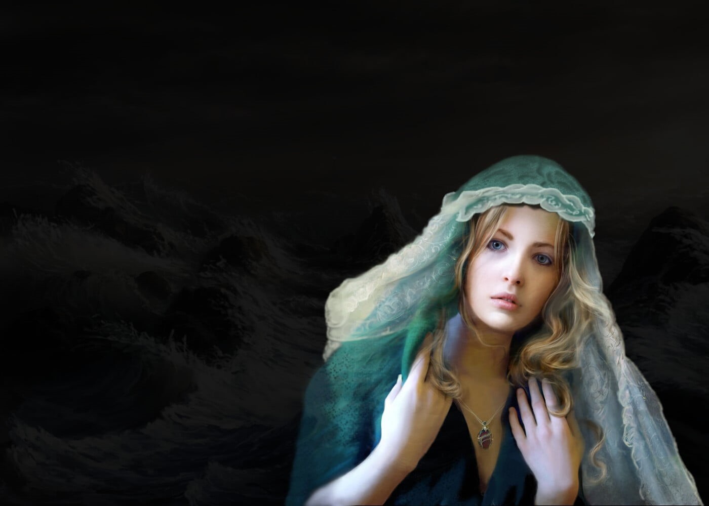 hairstyle, necklace, blond hair, indoors, women, young adult, headshot, Bente Schlick, portrait, front view, fantasy art, looking at camera, long hair, HD Wallpaper