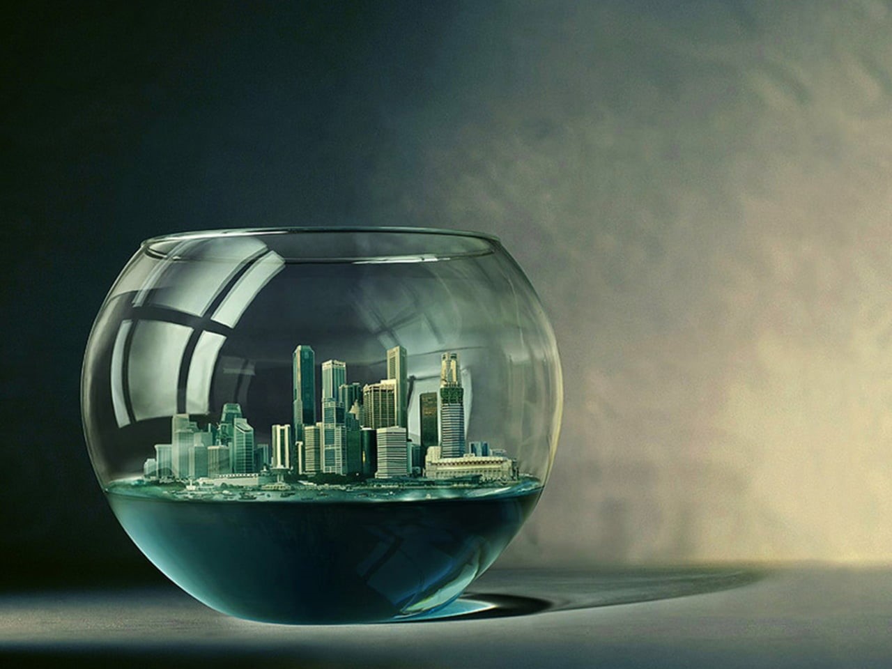 glass, container, close-up, nature, world, fishbowl, building, adstract, day, 3D, gray, still life, glass - material, city, transparent, bowl, studio shot, HD Wallpaper