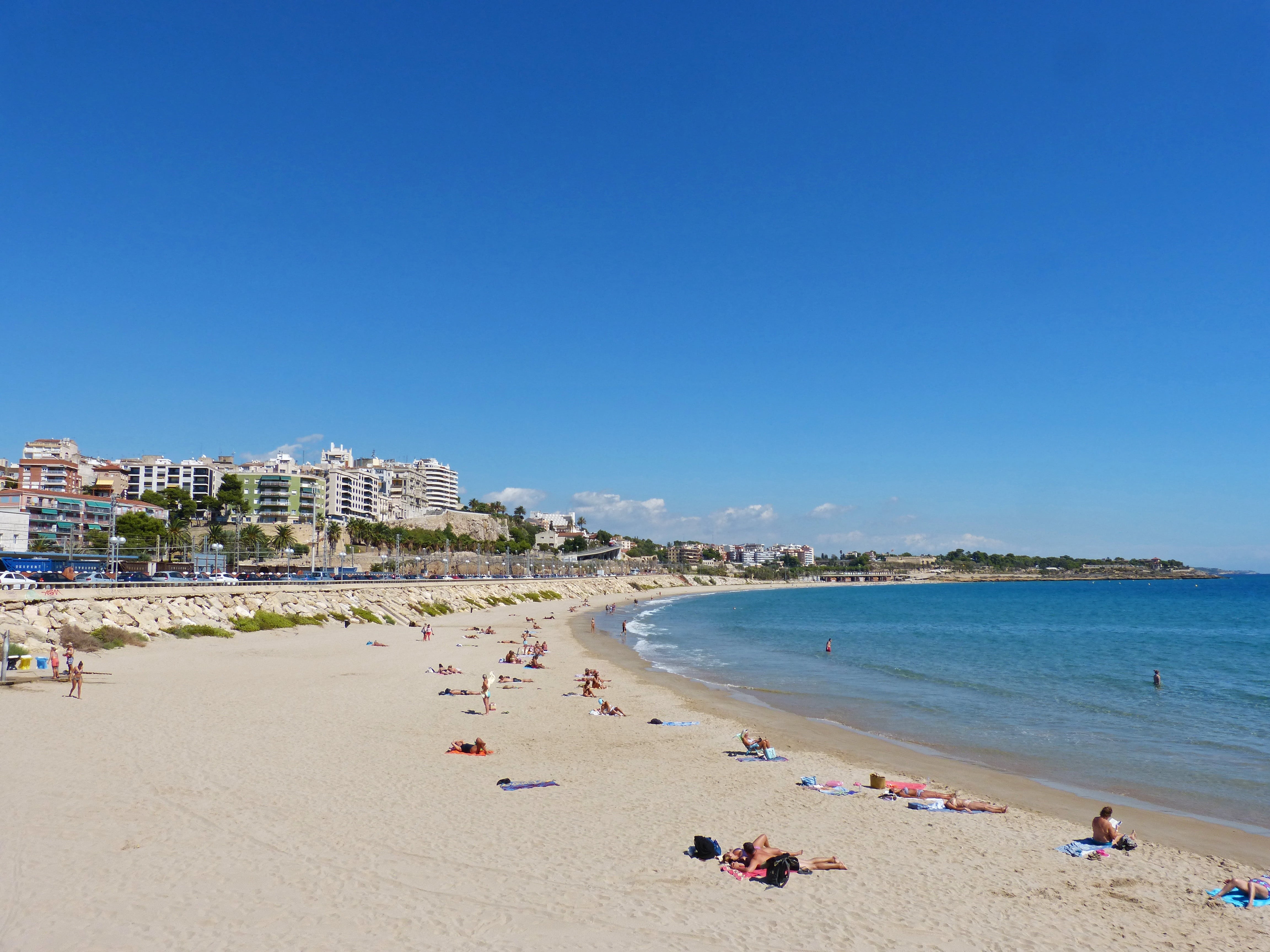 city, blue, travel destinations, 4K, water, nature, summer, sea, architecture, clear sky, beach, outdoors, skyline, tarragona, trip, cityscape, travel, HD Wallpaper