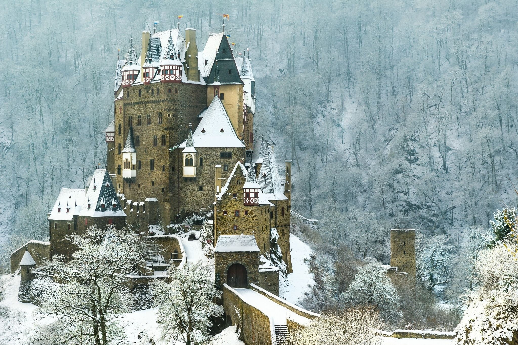 Germany, winter, forest, 1080P, Castle Eltz, snow covered, HD Wallpaper