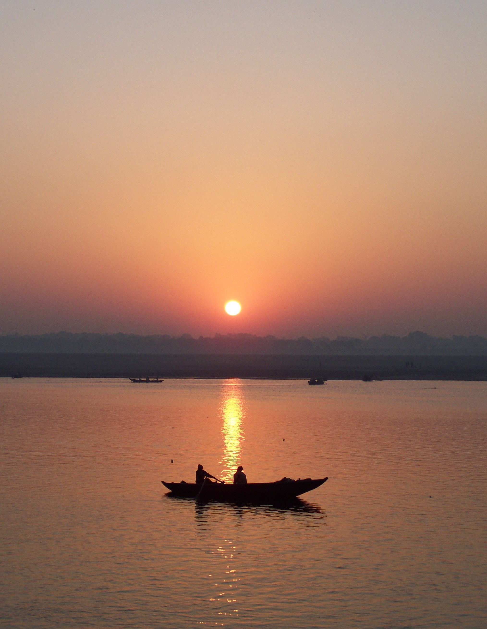 transportation, orange color, mode of transportation, varanasi, sunset, sky, lake, 2K, boating, river, one person, waterfront, leisure activity, outdoors, Phone HD Wallpaper