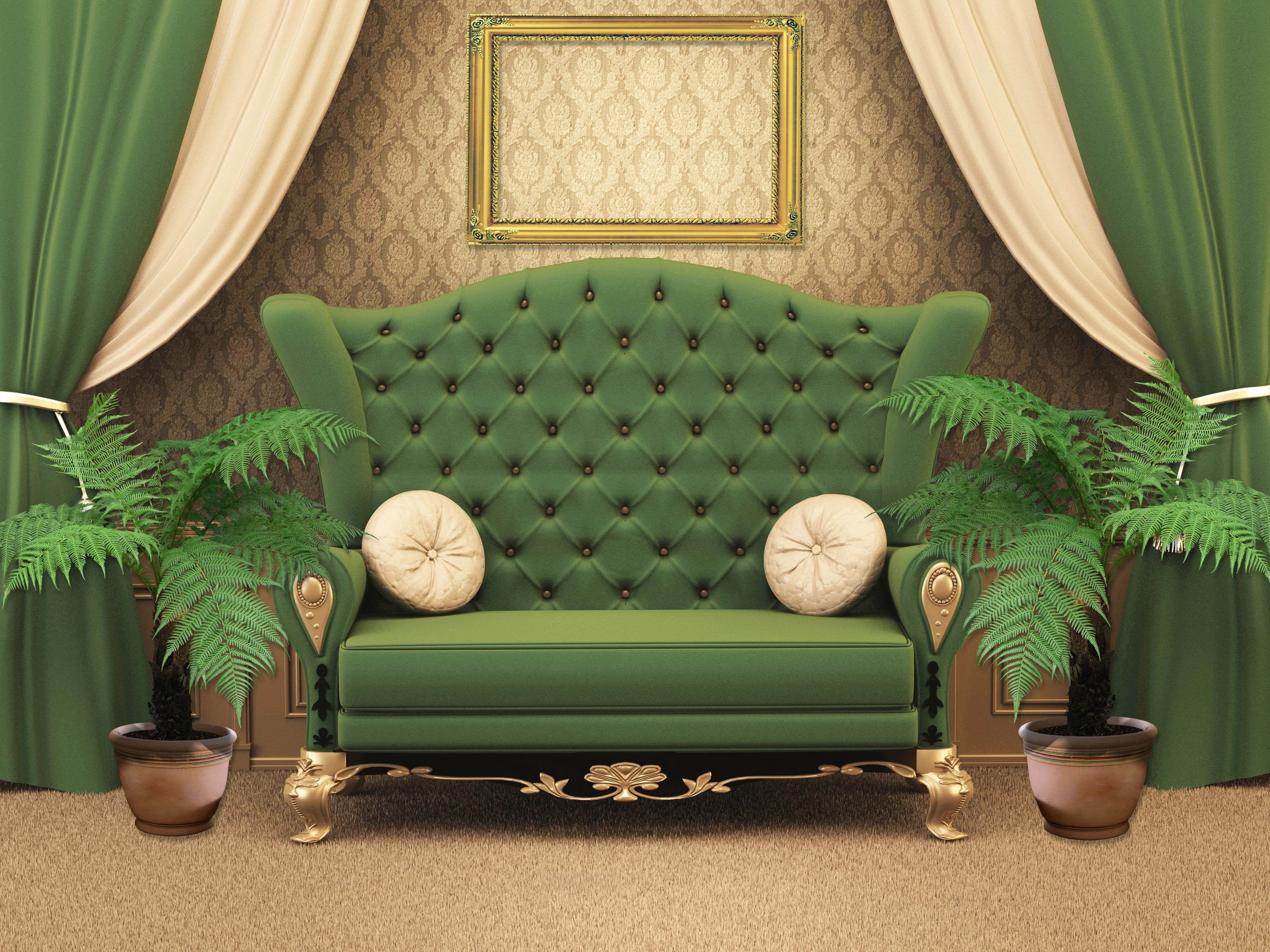 architecture, brown, tufted, window, living Room, green, pillow, decor, room, art and craft, plant part, ornate, decoration, leaf, sofa, modern, creativity, HD Wallpaper