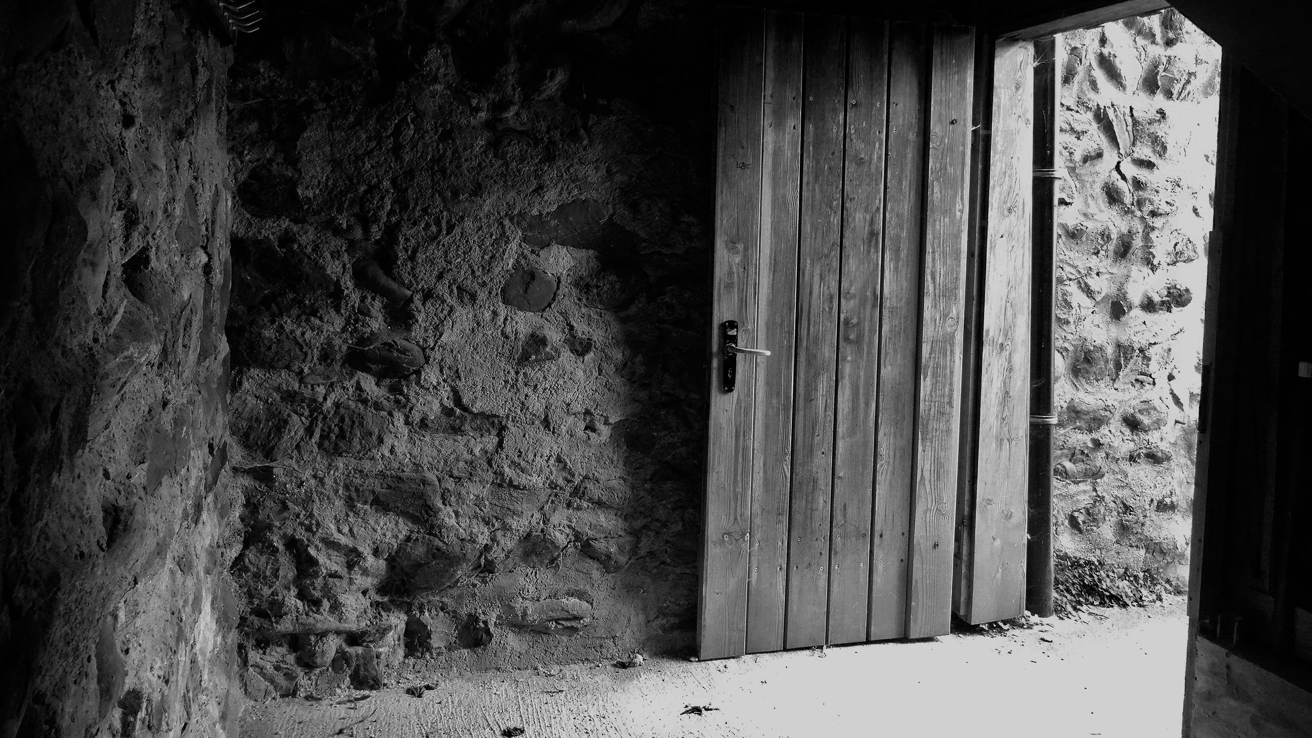 window, outdoors, door, castle, entrance, wooden, monochrome, building, abandoned, old building, wood - material, day, built structure, 2K, open, nature, HD Wallpaper