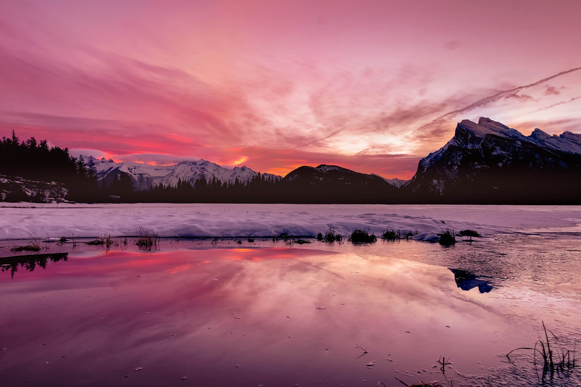 frame, mountain range, landscape, tranquil scene, mountains, reflection, pink color, outdoors, Alberta, snow, lake, brown, water, winter, scenics - nature, HD Wallpaper