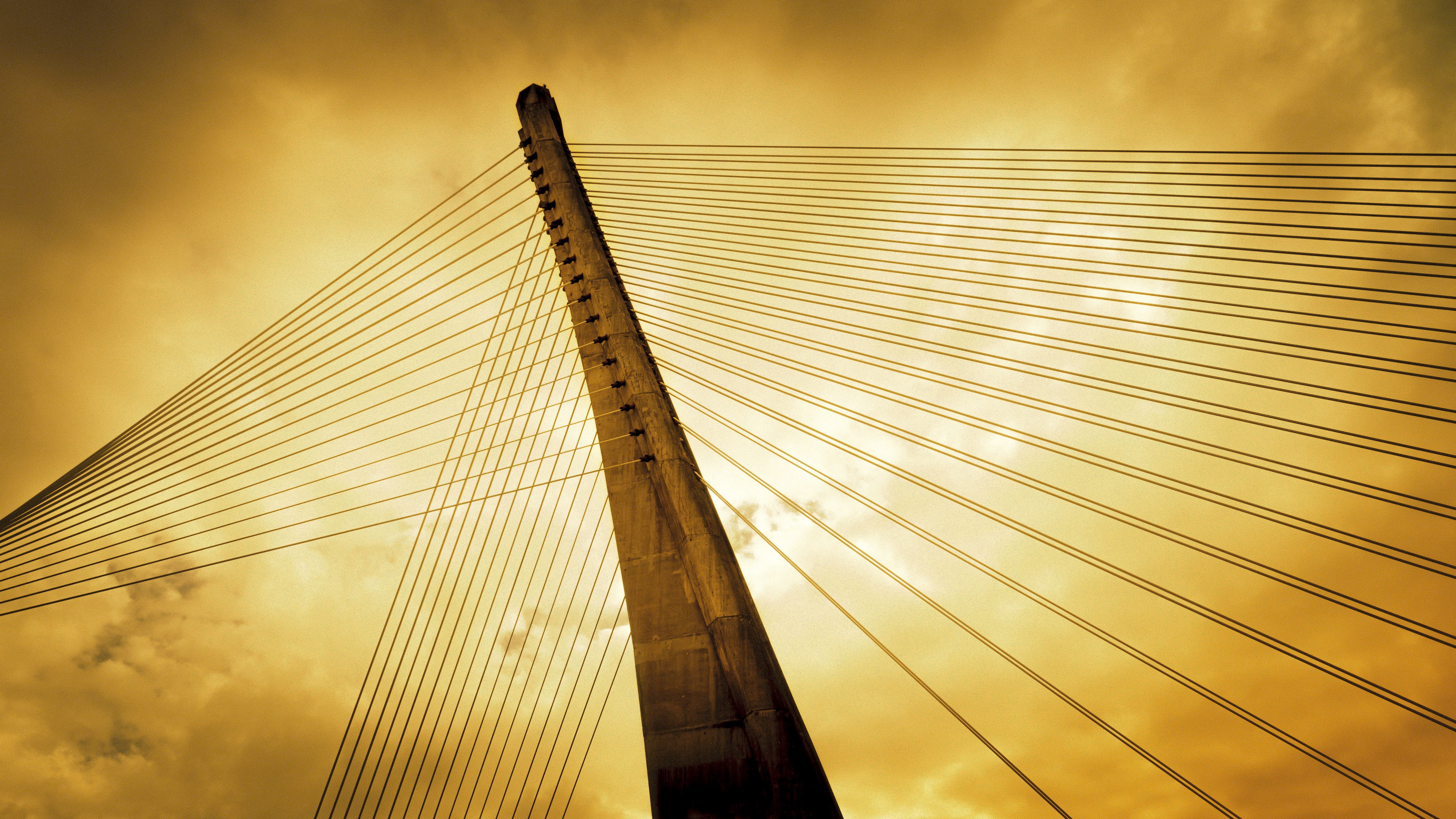 sunset, cable-stayed bridge, connection, modern, city, puente, bridge - man made structure, 5K, sky, cable, outdoors, bridge, skyscraper, spain, apocaliptic, HD Wallpaper