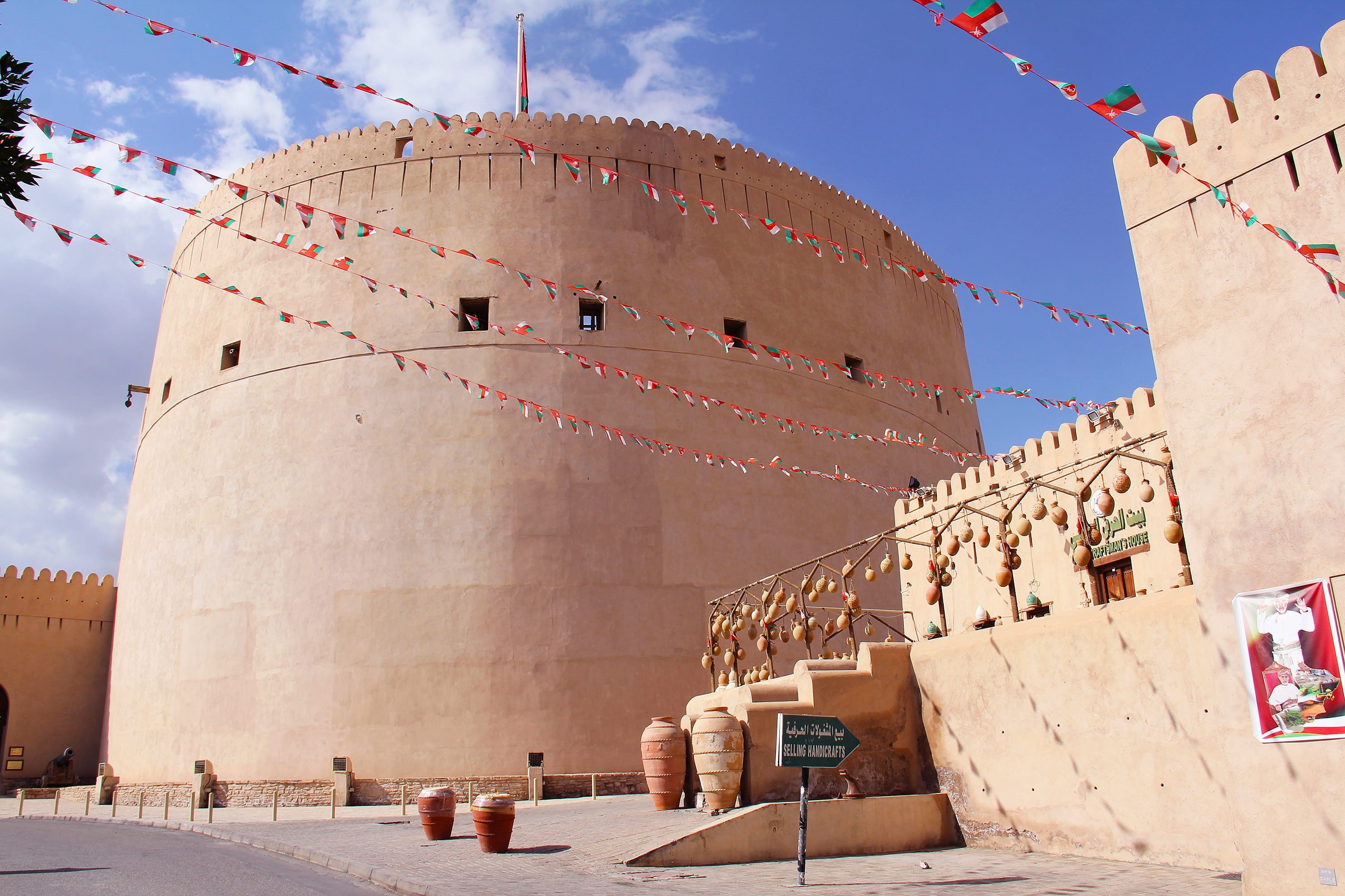 wall, fortified wall, vacation, oman, no people, building exterior, the past, tourism, low angle view, day, nizwa fort, cloud - sky, 2K, building, industry, HD Wallpaper