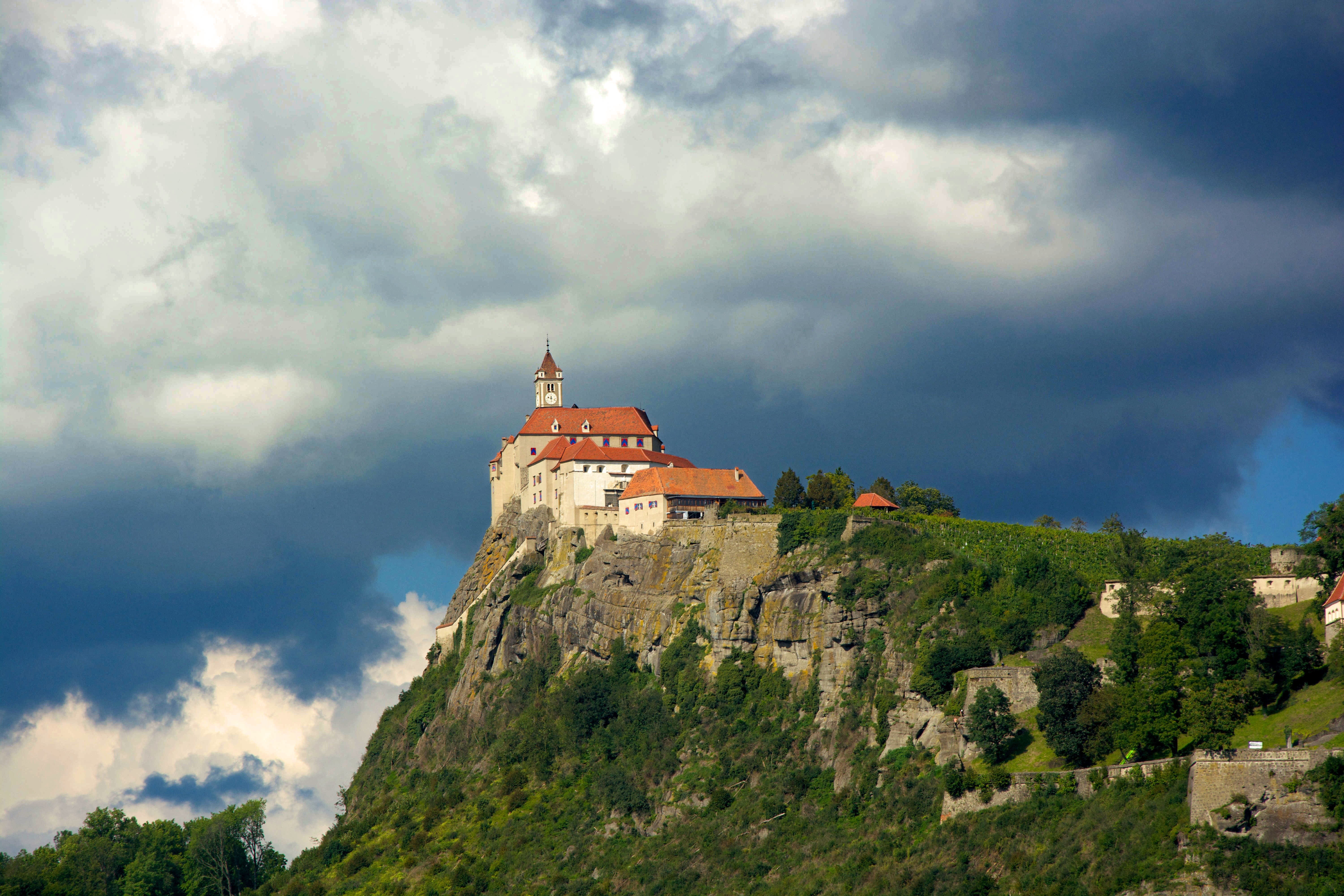 beauty in nature, styria, lighthouse, travel, day, building exterior, fortress, concrete, sky, contrast, architecture, cloud - sky, green, land, tourism, HD Wallpaper