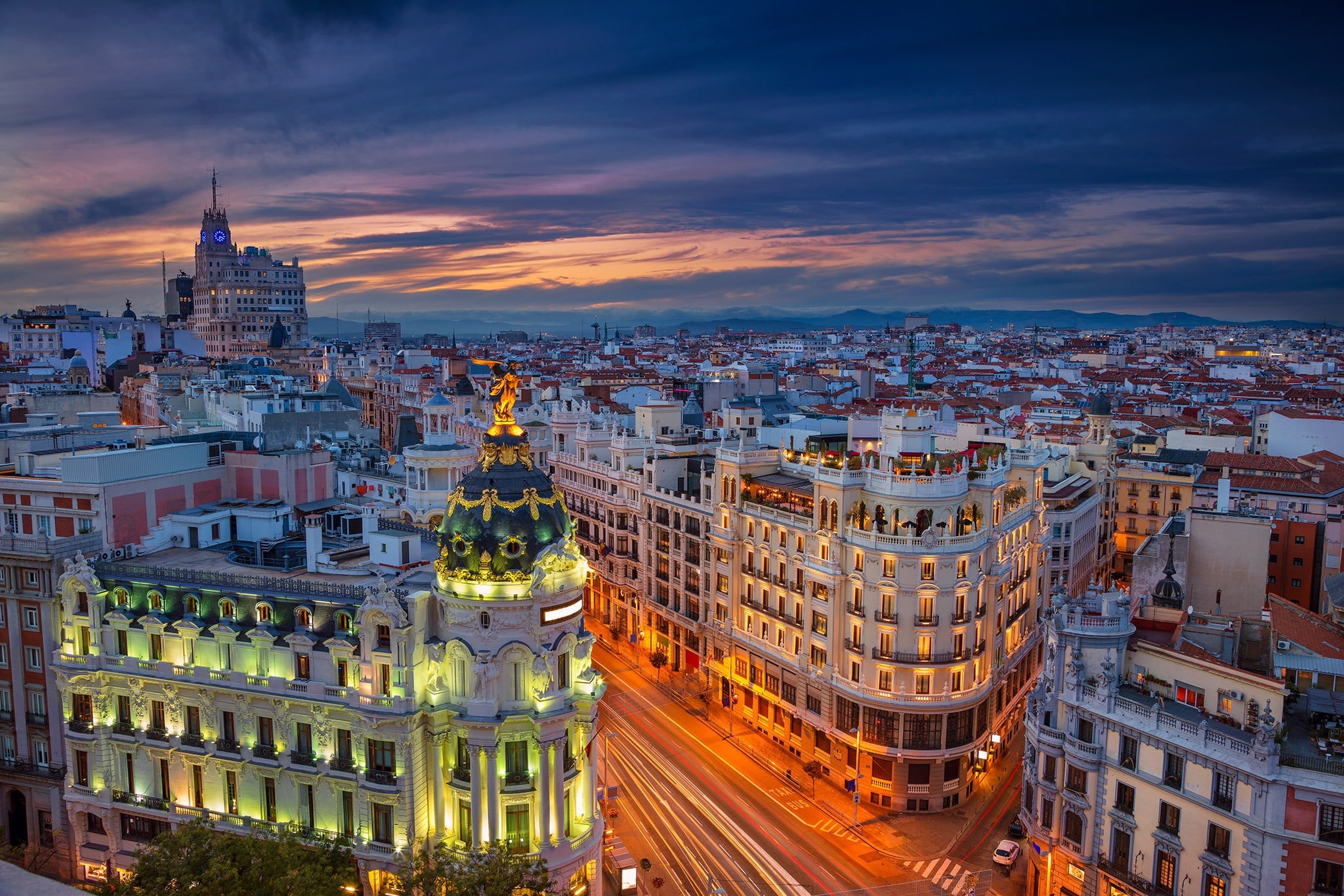 1080P, travel destinations, high angle view, cityscape, city, no people, Spain, Gran Via, building, v, architecture, Madrid, city street, government, building exterior, HD Wallpaper