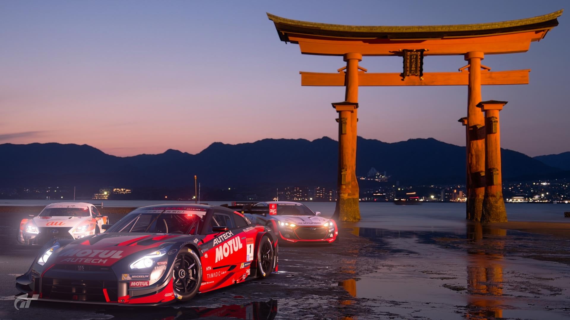 mountain, sunset, outdoors, built structure, architectural column, night, car, illuminated, dusk, transportation, red, land vehicle, 1080P, sky, Gran Turismo, HD Wallpaper
