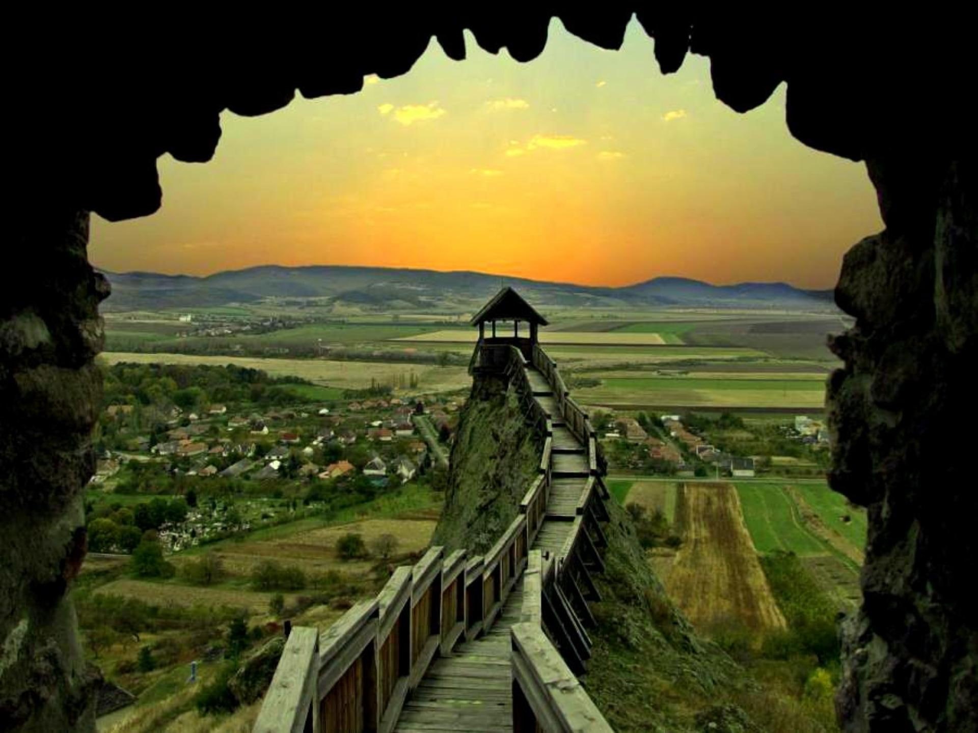 castle, houses, walkway, lookout tower, lookout, animals, hungary, fields, mountains, 1080P, sunset, HD Wallpaper