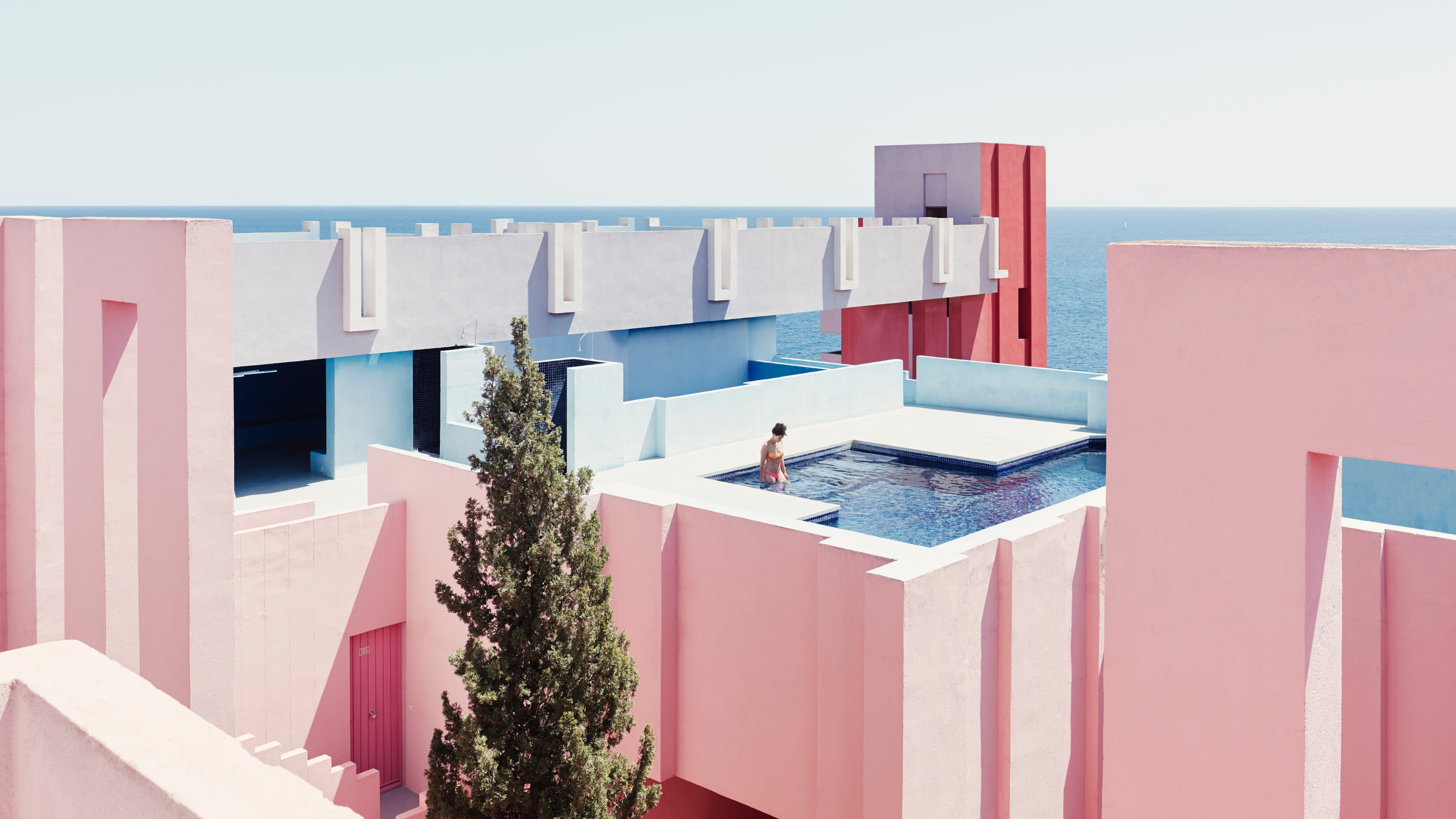 Spain, muralla roja, pink, 5K, swimming pool, architecture, HD Wallpaper