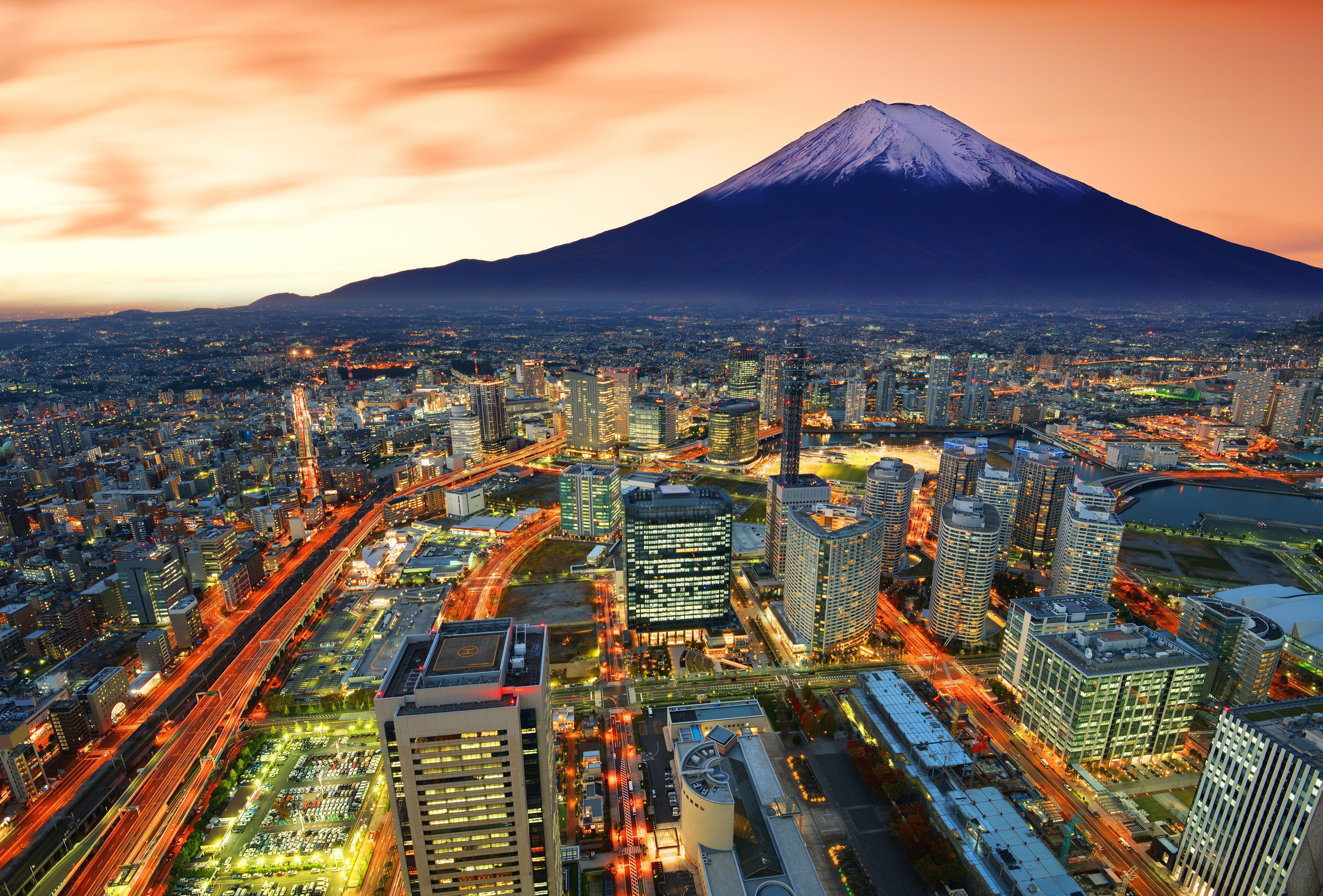 lights lighting, Fuji, mountain, the volcano, the city, the largest port city, 5K, skyscrapers, blur, Japan, bokeh, Yokohama, strip light, my planet, ., HD Wallpaper
