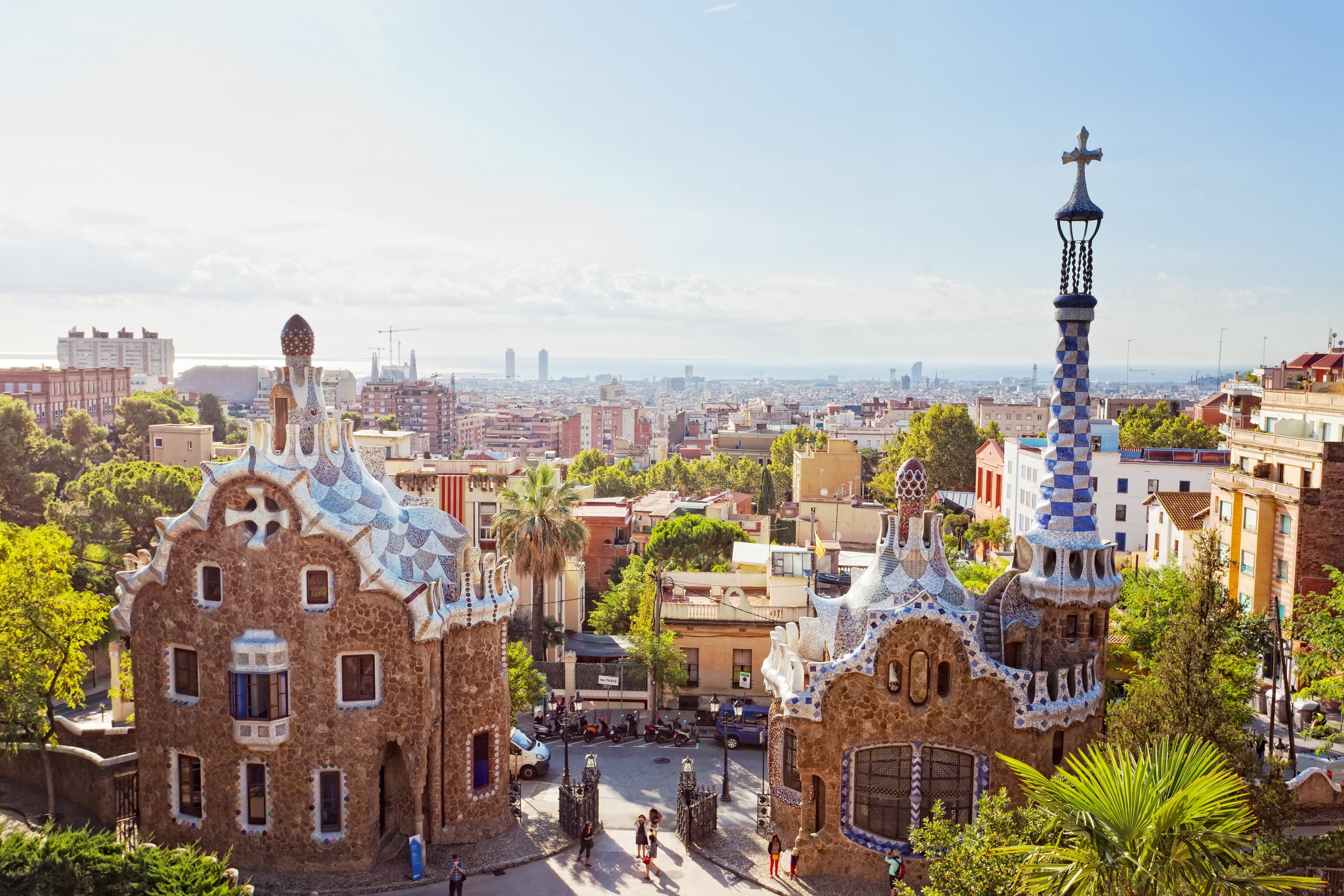 souvenir shops, ., view, cafes shops, travel, Park Guell, the city, blur, Barcelona, clear day, gingerbread houses, 4K, my planet, Spain, bokeh, HD Wallpaper