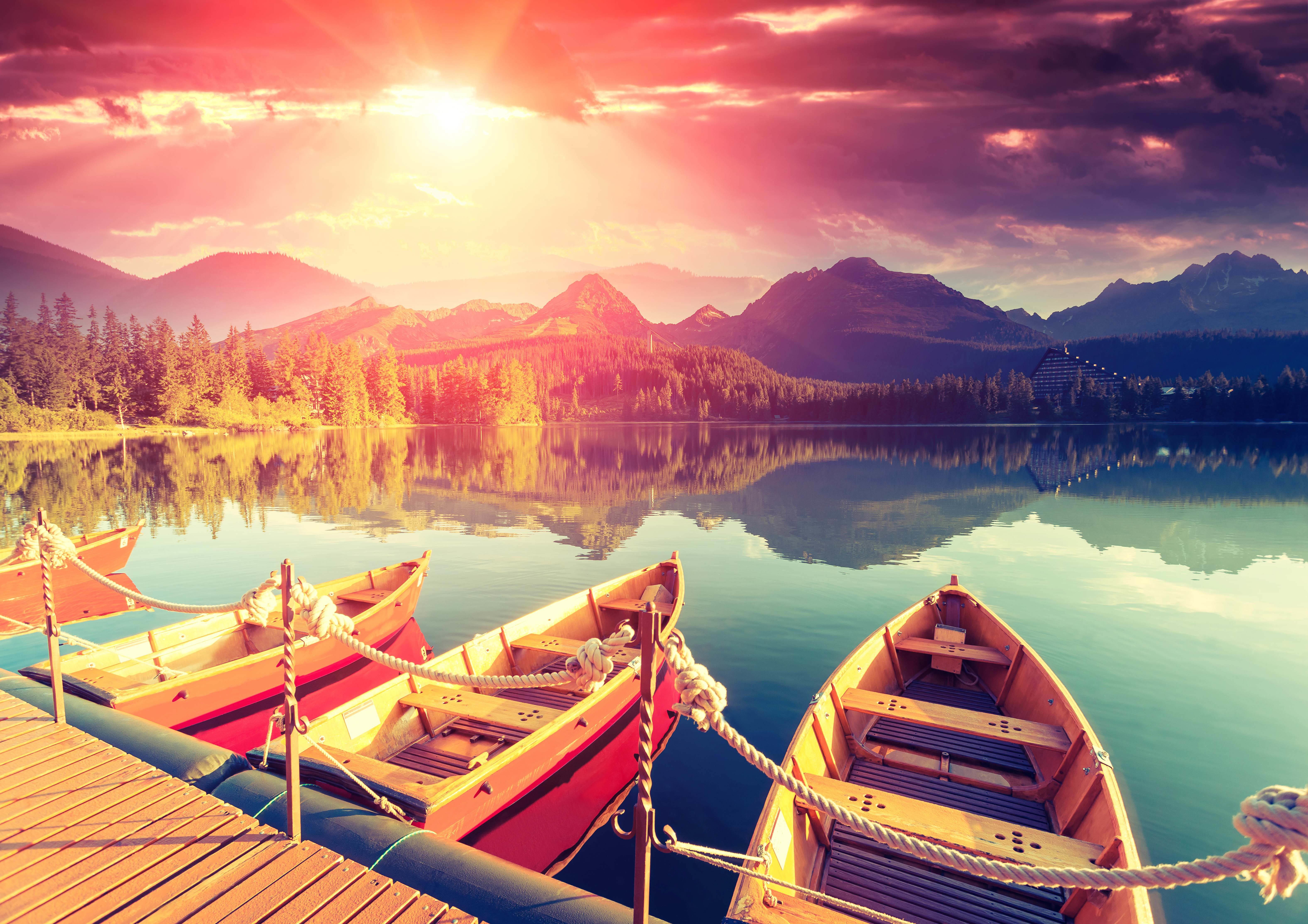 transportation, beauty In Nature, mountain Range, morning, sun, forest, mode of transportation, canoe, mountain, brown, calm, sunset, relaxation, landscape, HD Wallpaper