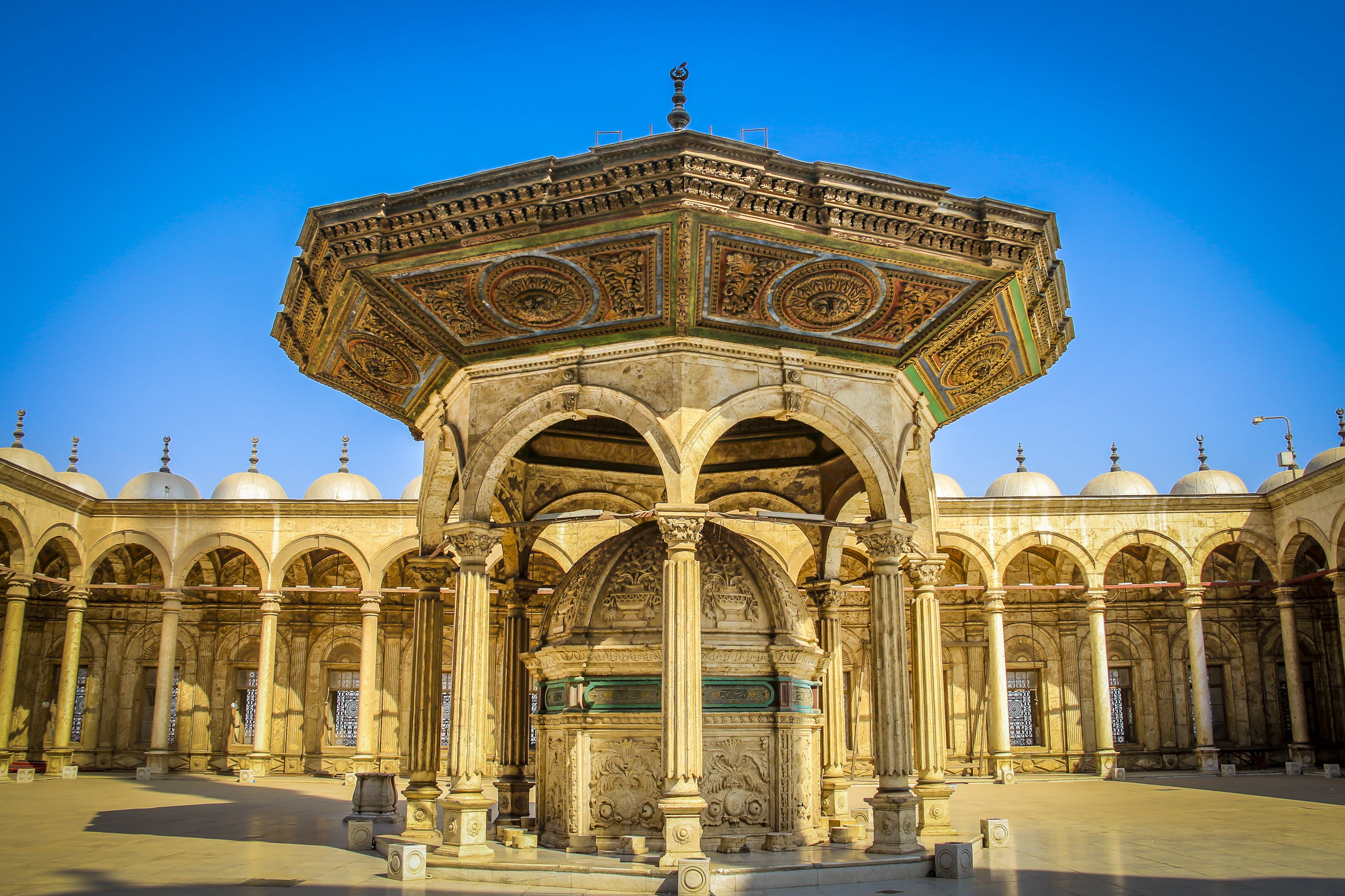 low angle view, masjed, clear sky, nature, arch, day, architectural column, giza, cute, sky, travel destinations, summer, blue, 4K, tourism, belief, wonderful, HD Wallpaper