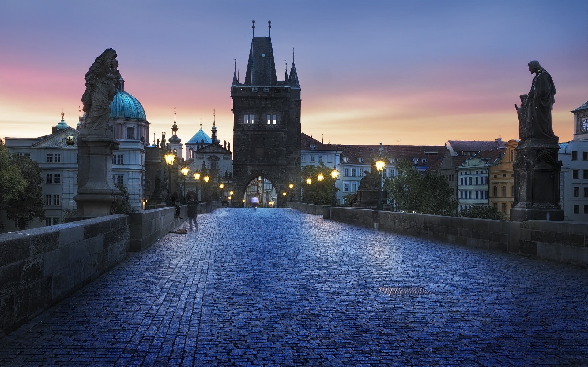 people, concrete, bridge, city, Czech Republic, nature, religion, spirituality, brown, blue, Charles Bridge, urban, lantern, architecture, place of worship, HD Wallpaper