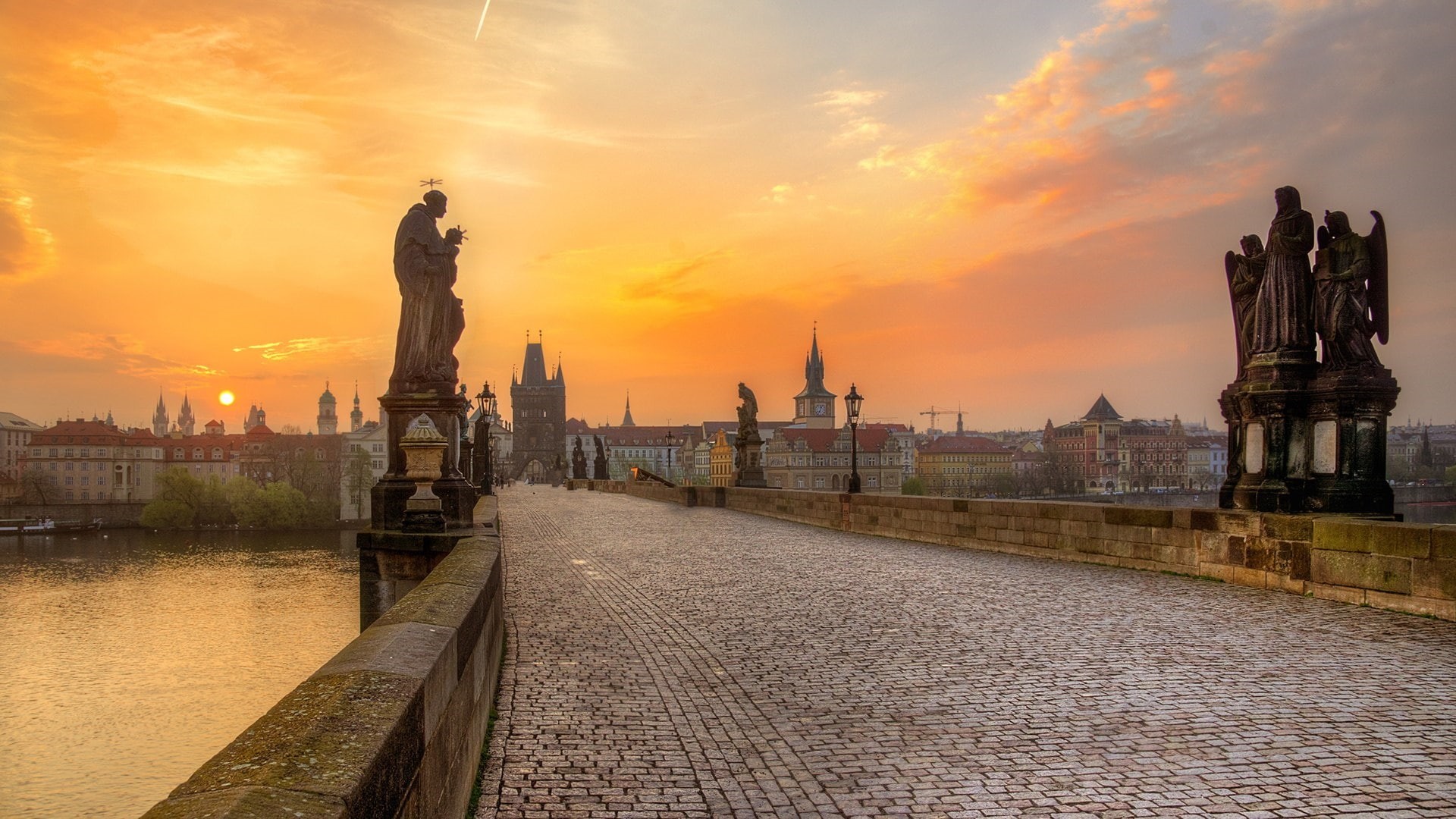 1080P, chechia, statue, bridge, sunset, river, czech republic, prague, charles bridge, vltava river, czechia, HD Wallpaper
