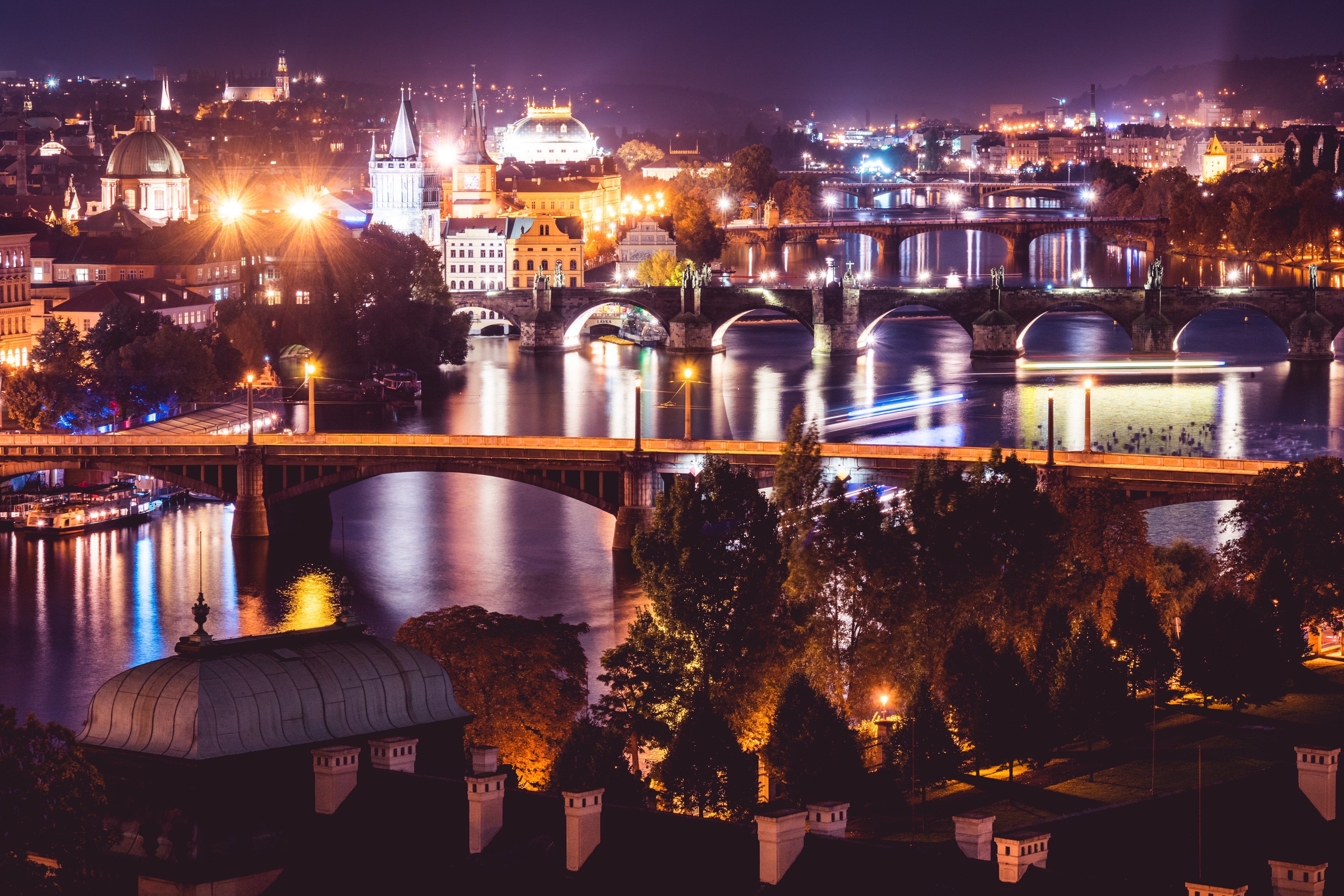 prague, river, city life, house, connection, architecture, cityscape, built structure, czech republic, old city, capital city, vltava, lights, building exterior, HD Wallpaper