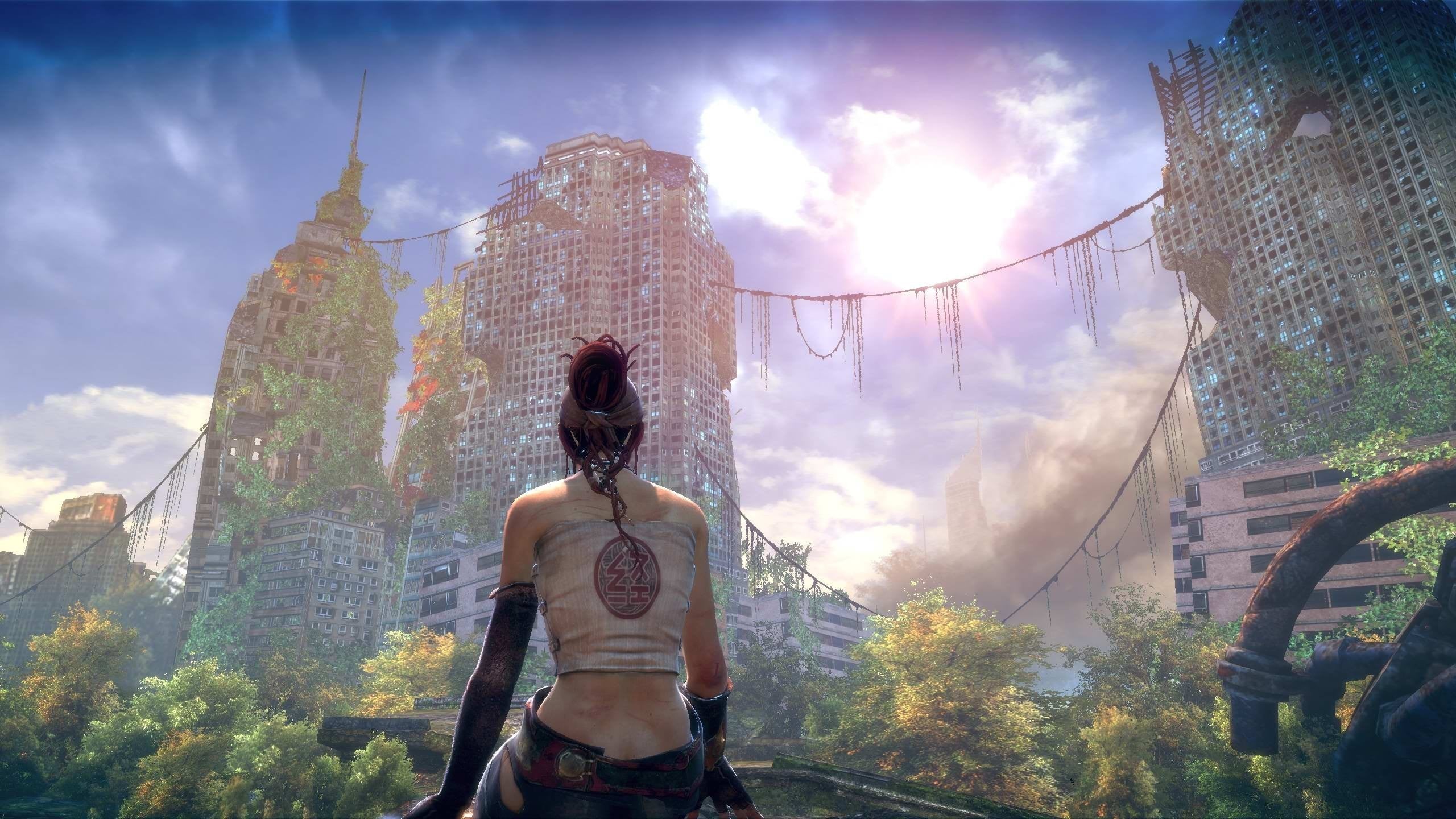 2K, tree, lifestyles, plant, built structure, cloud - sky, Abandoned city, art and craft, illustration, rear view, one person, city, character, leisure activity, HD Wallpaper