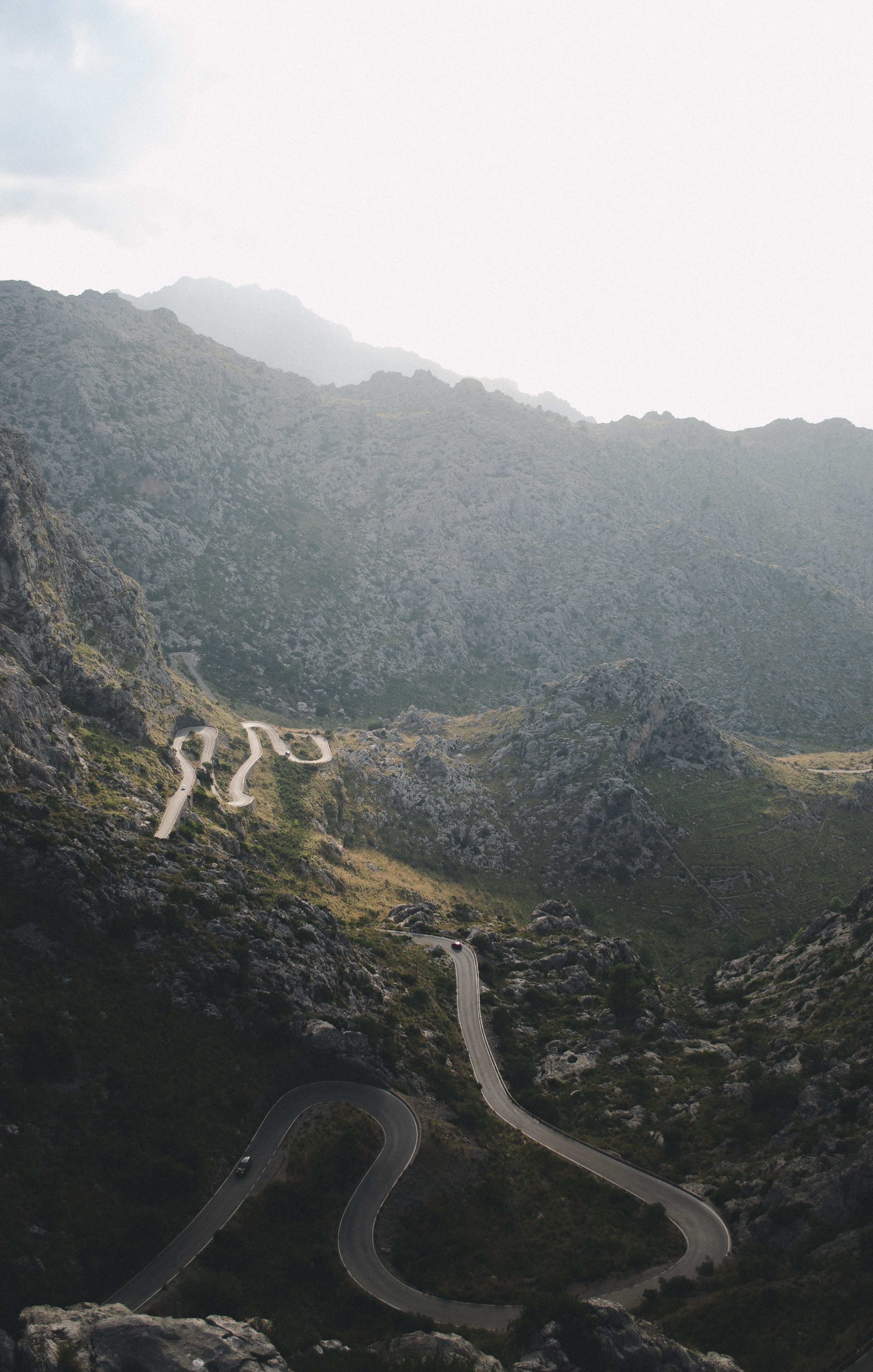 pass, aerial, mountain Range, famous Place, majorca, fog, nature, cliffside, sky, car, forest, scenics, travel Destinations, vehicle, road, view, tourism, Phone HD Wallpaper