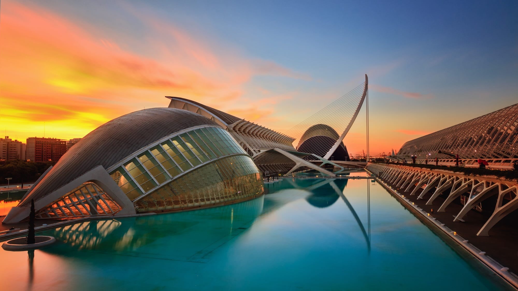 travel destinations, building exterior, city, gray, cloud - sky, sunset, beauty in nature, connection, Valencia, building, 1080P, scenics - nature, Spain, HD Wallpaper