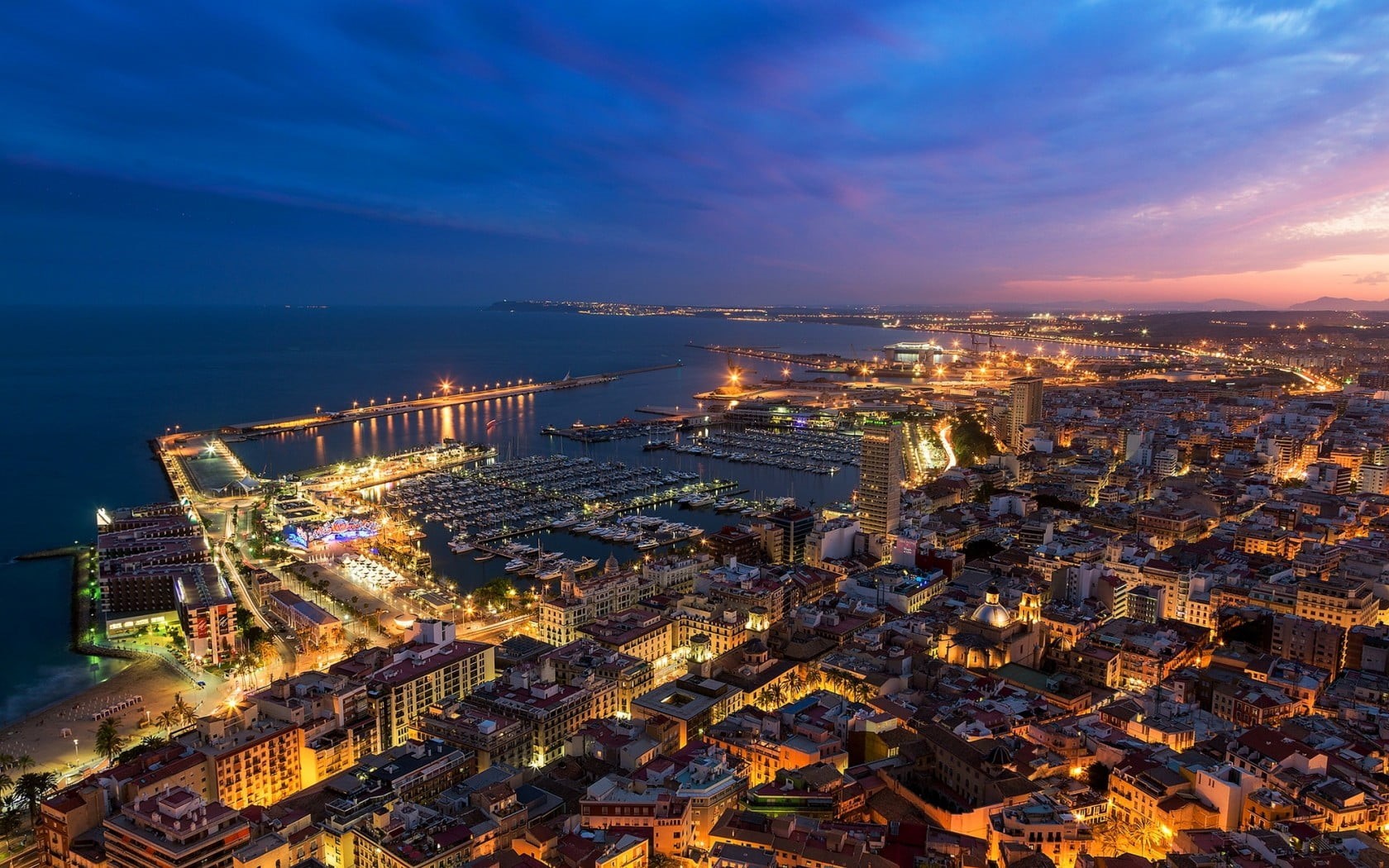 crowded, orange, aerial view, skyscraper, built structure, city, building, travel destinations, Valencia, night, sky, cityscape, alicante, illuminated, HD Wallpaper