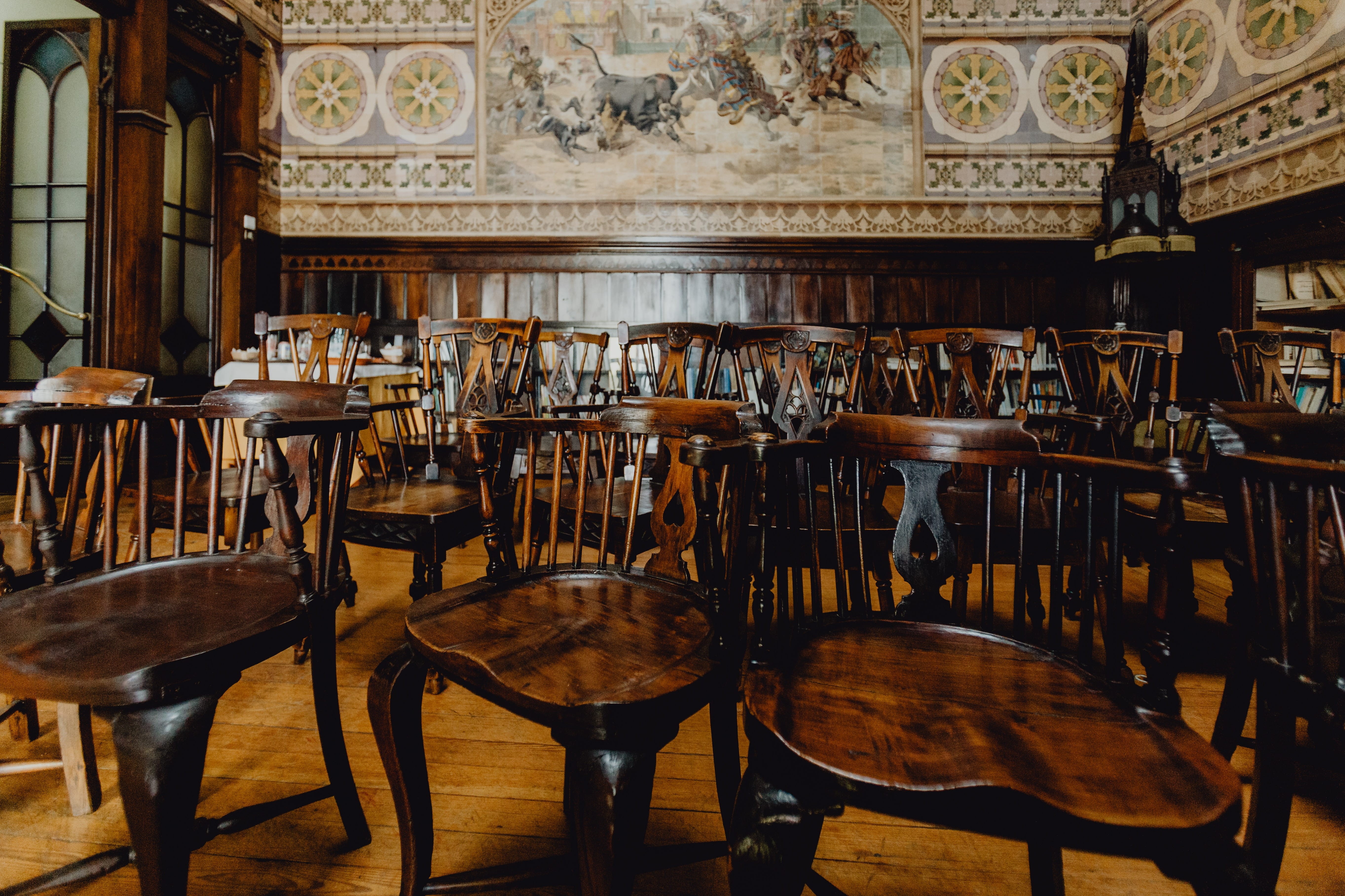 furniture, large group of objects, day, built structure, belief, Moorish-style, absence, Moorish, no people, wood - material, lisbon, music, in a row, Palacio Alverca, HD Wallpaper