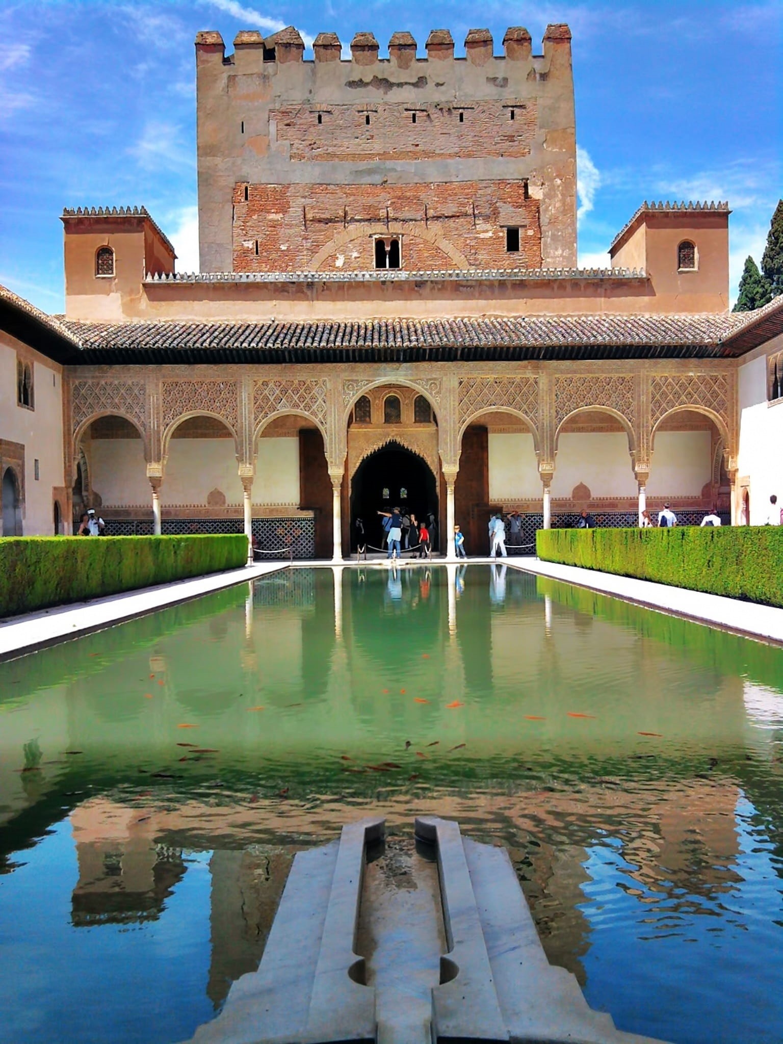 andalucia, castle, alhambra, structure, famous, incidental people, europe, travel destinations, historical, fountain, water, 1080P, reflecting pool, building, Phone HD Wallpaper