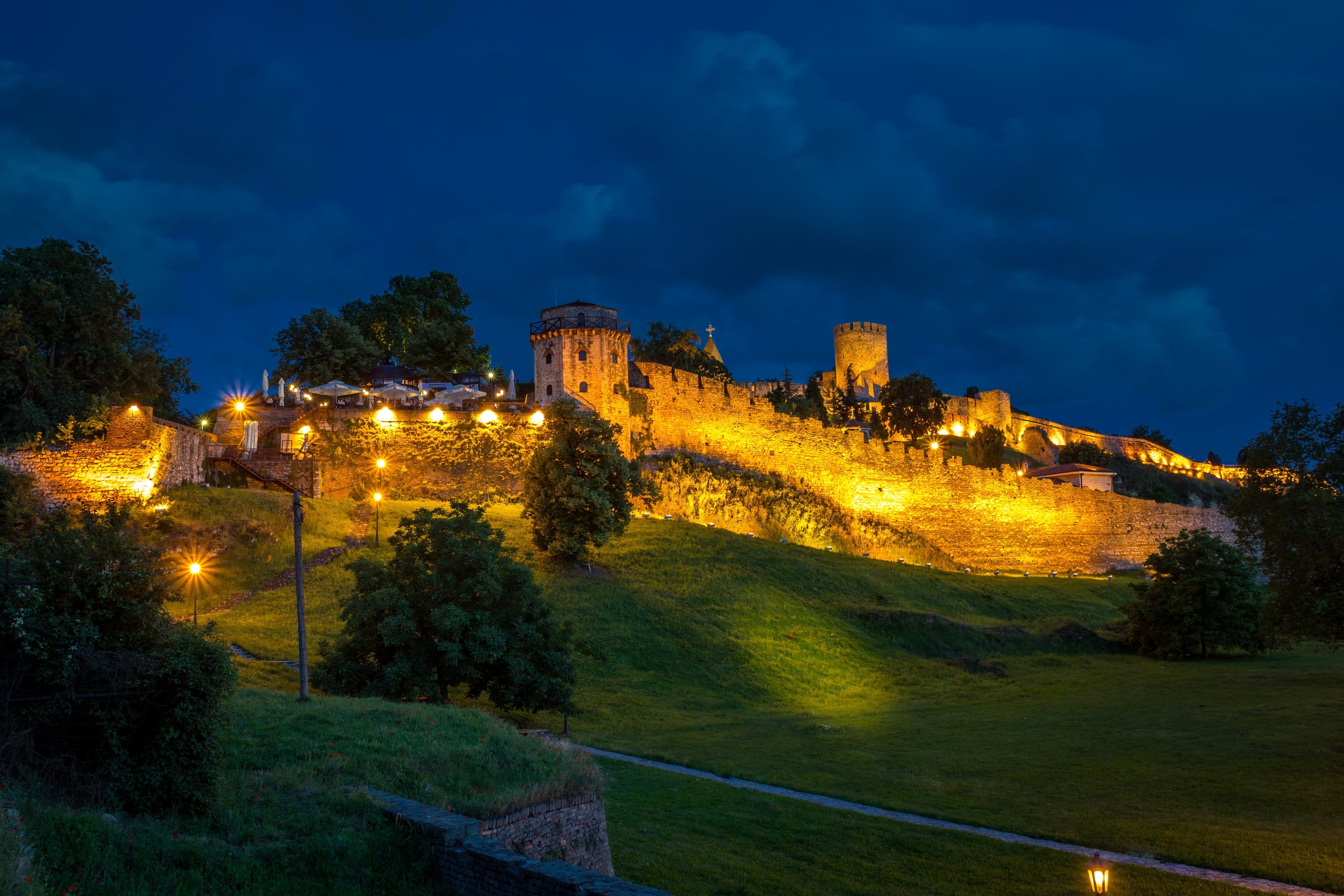 grass, travel destinations, the past, fort, lights, building exterior, no people, cloud - sky, built structure, ancient, Belgrade, hills, nature, sky, fortress, HD Wallpaper