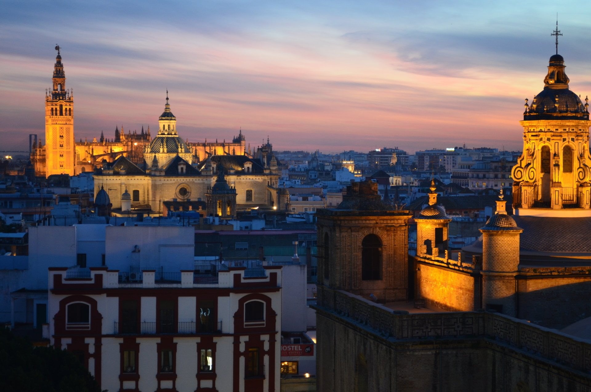 Night, Cities, Andalusia, cityscape, building, no people, Cathedral, 1080P, cloud - sky, Spain, Twilight, sky, tourism, architecture, City, built structure, HD Wallpaper