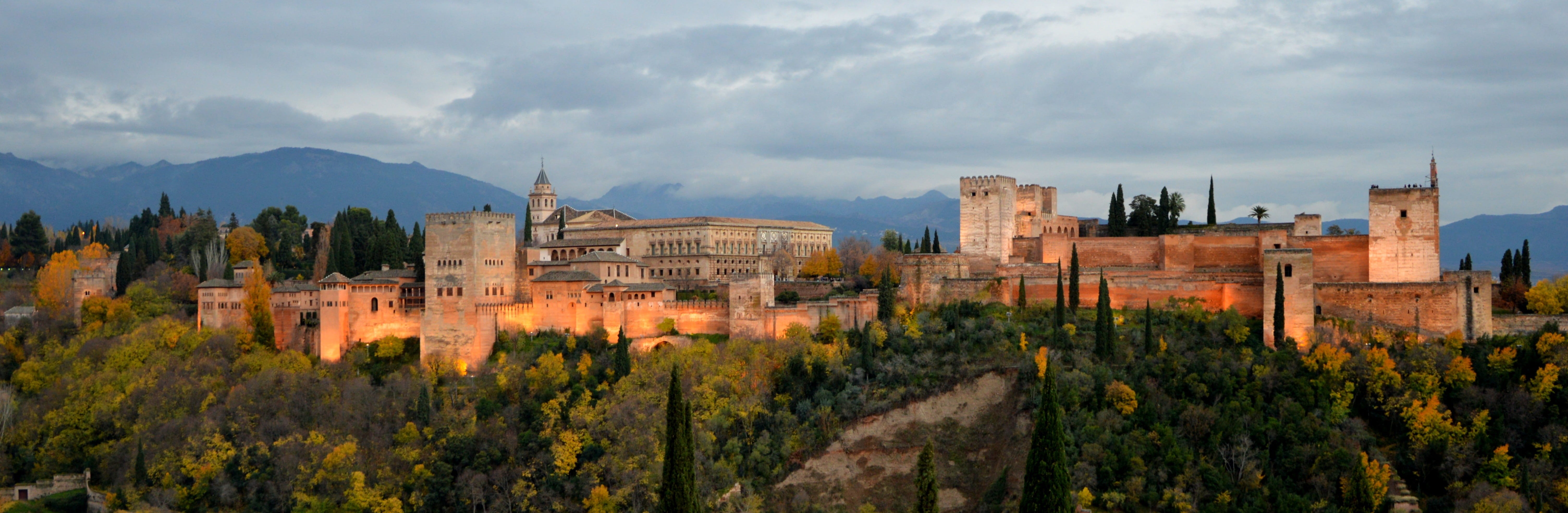 stone, 5K, spain, cloud - sky, qalat al-hamra, mountain, trees, surrounded, history, building exterior, architecture, scenics - nature, tree, autumn, panoramic, HD Wallpaper