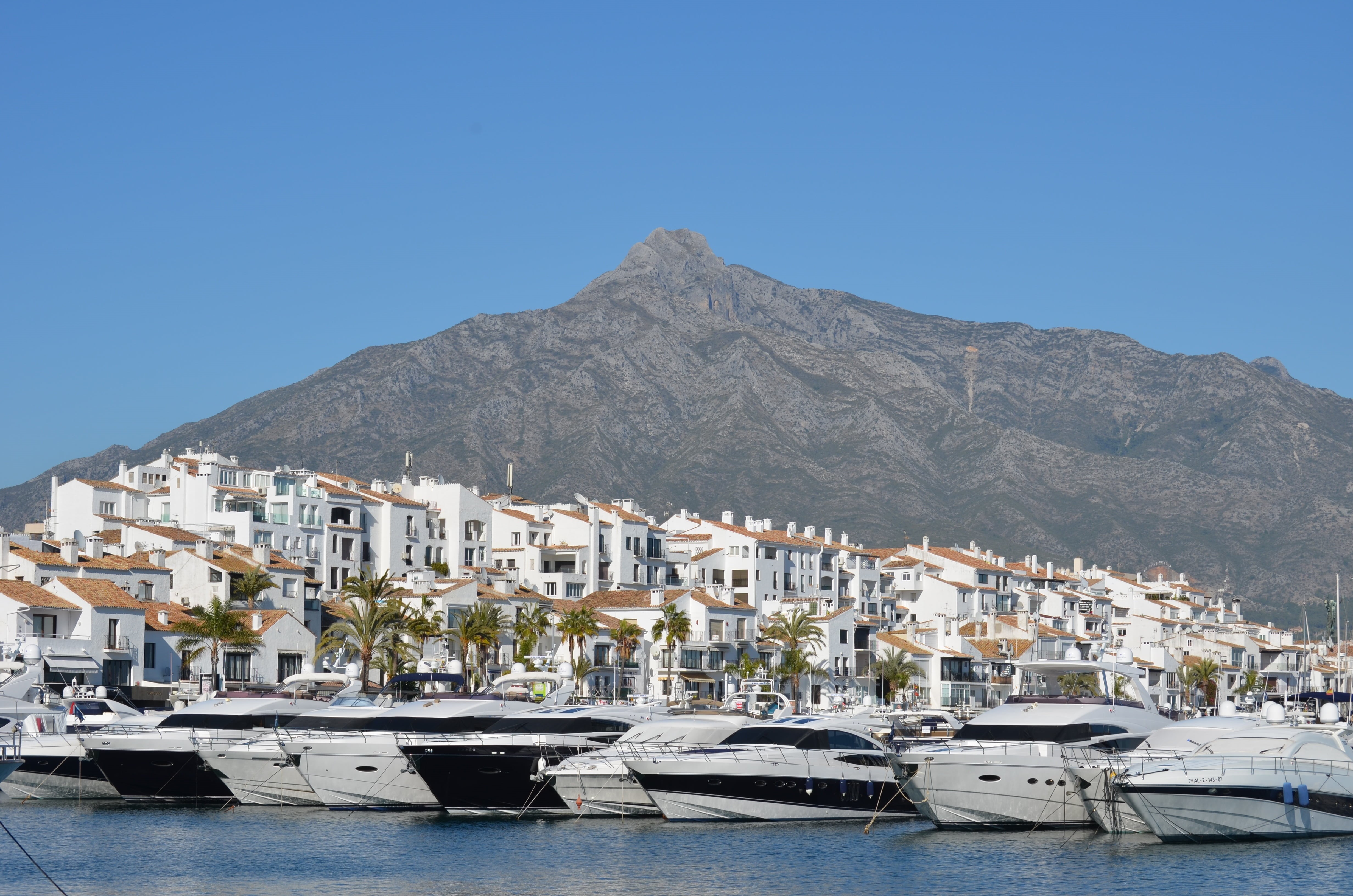 spain, white, puerto banus, sierra, nautical vessel, port, sailboat, luxury, speedboats, sky, sea, building exterior, mountain, marbella, outdoors, blue, HD Wallpaper